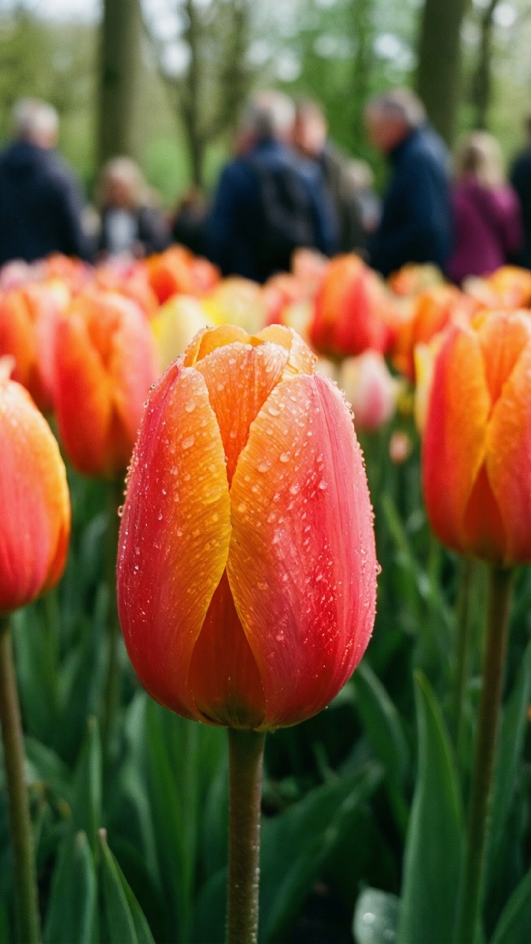 Netherlands 桌布 壁紙 — 一朵鮮豔的紅橙色鬱金香在茂盛的花園中閃爍著露珠，背景有模糊的人影。