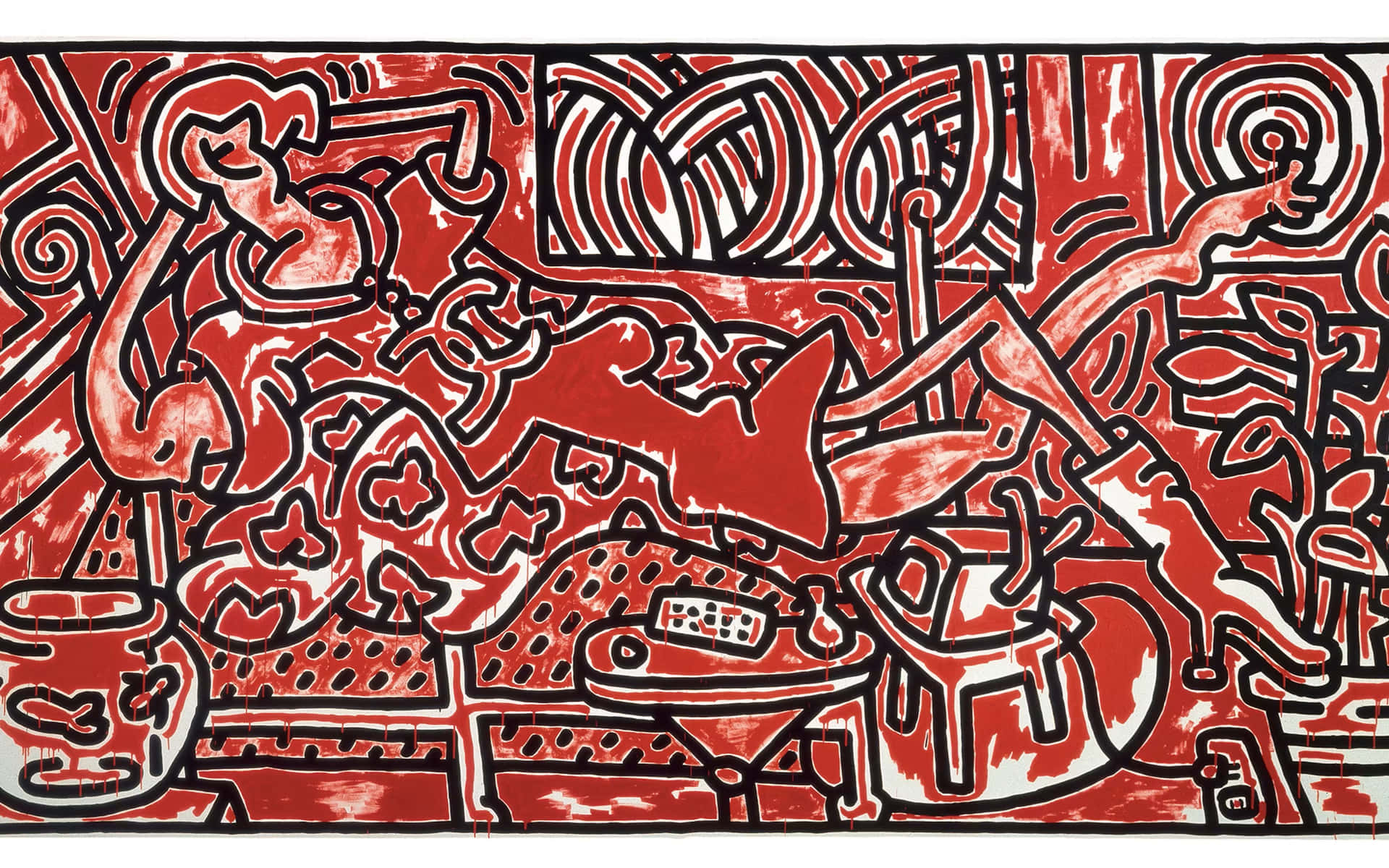  壁紙 — 鮮豔的紅白抽象插圖，帶有粗黑輪廓，描繪混亂有趣的圖案和物體。