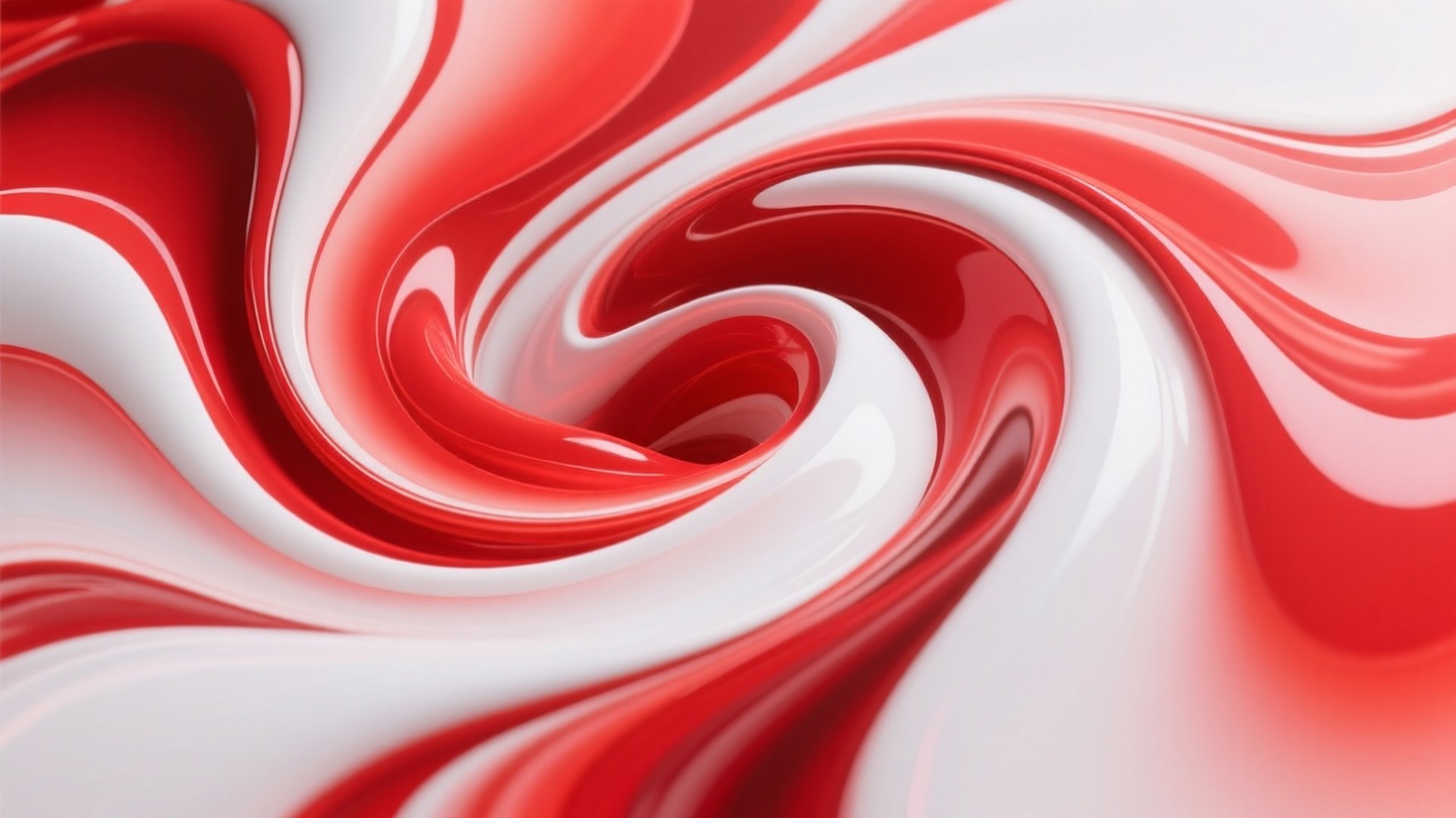 Red White Fluid Swirl 壁紙 — 鮮豔的紅色和白色光澤液體以動態螺旋運動旋轉，帶有反射高光。