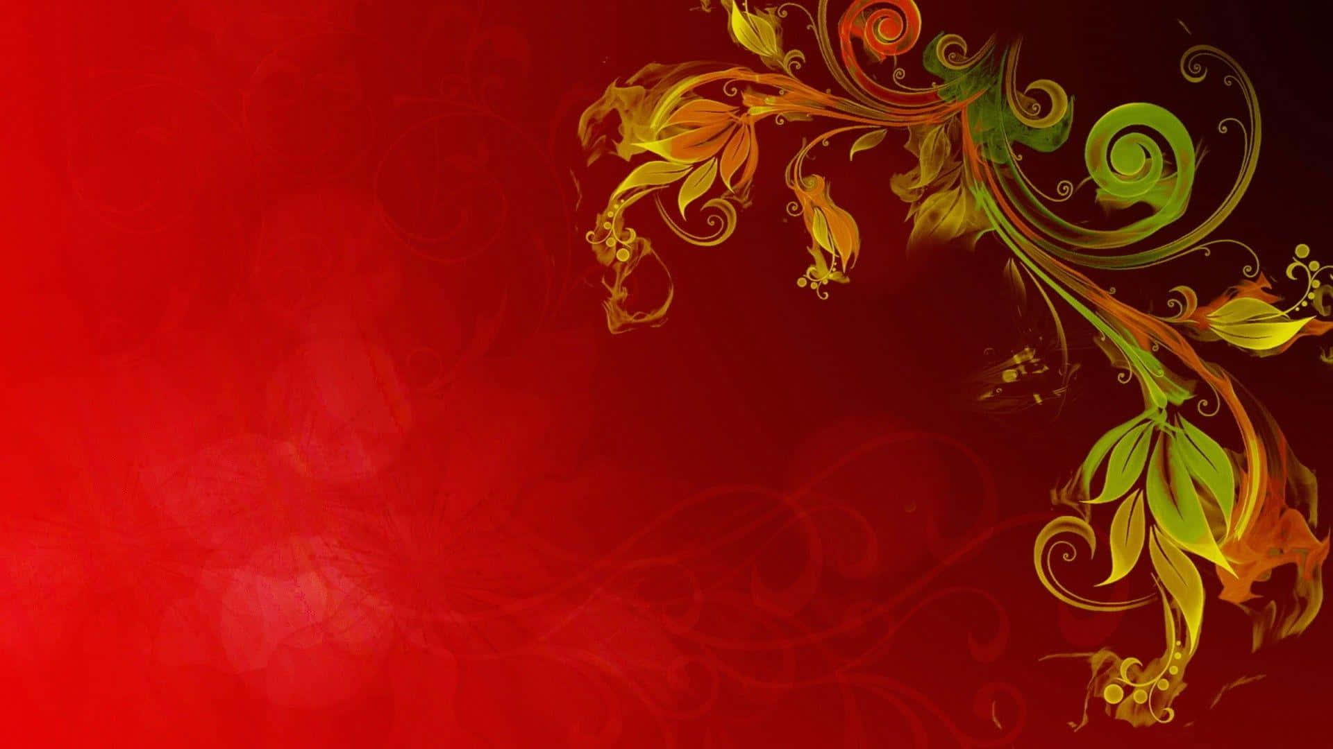 壁紙 — 鮮紅色背景，右上角飾有金色和綠色漩渦花卉圖案。