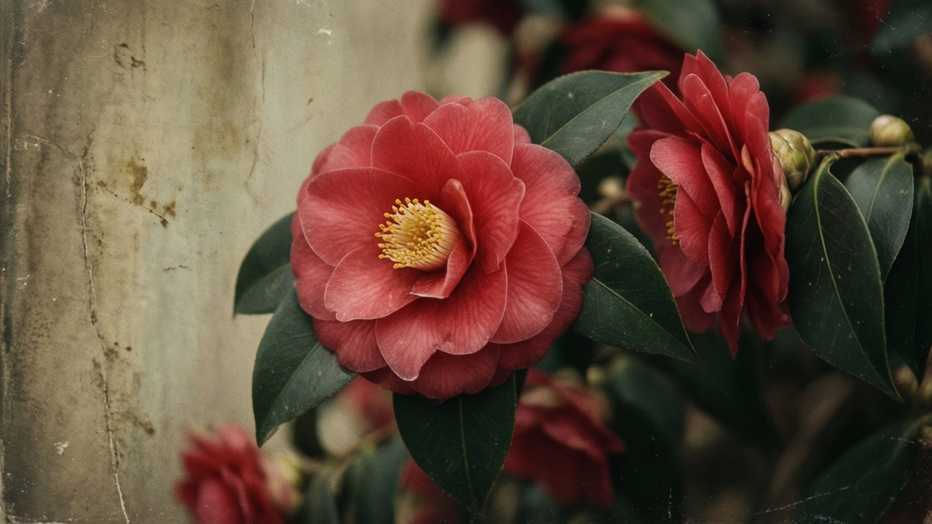 Vintage Camellia Wall 壁紙 — 鮮豔的紅色山茶花，帶有黃色雄蕊和光澤的綠葉，襯托著風化紋理牆壁。