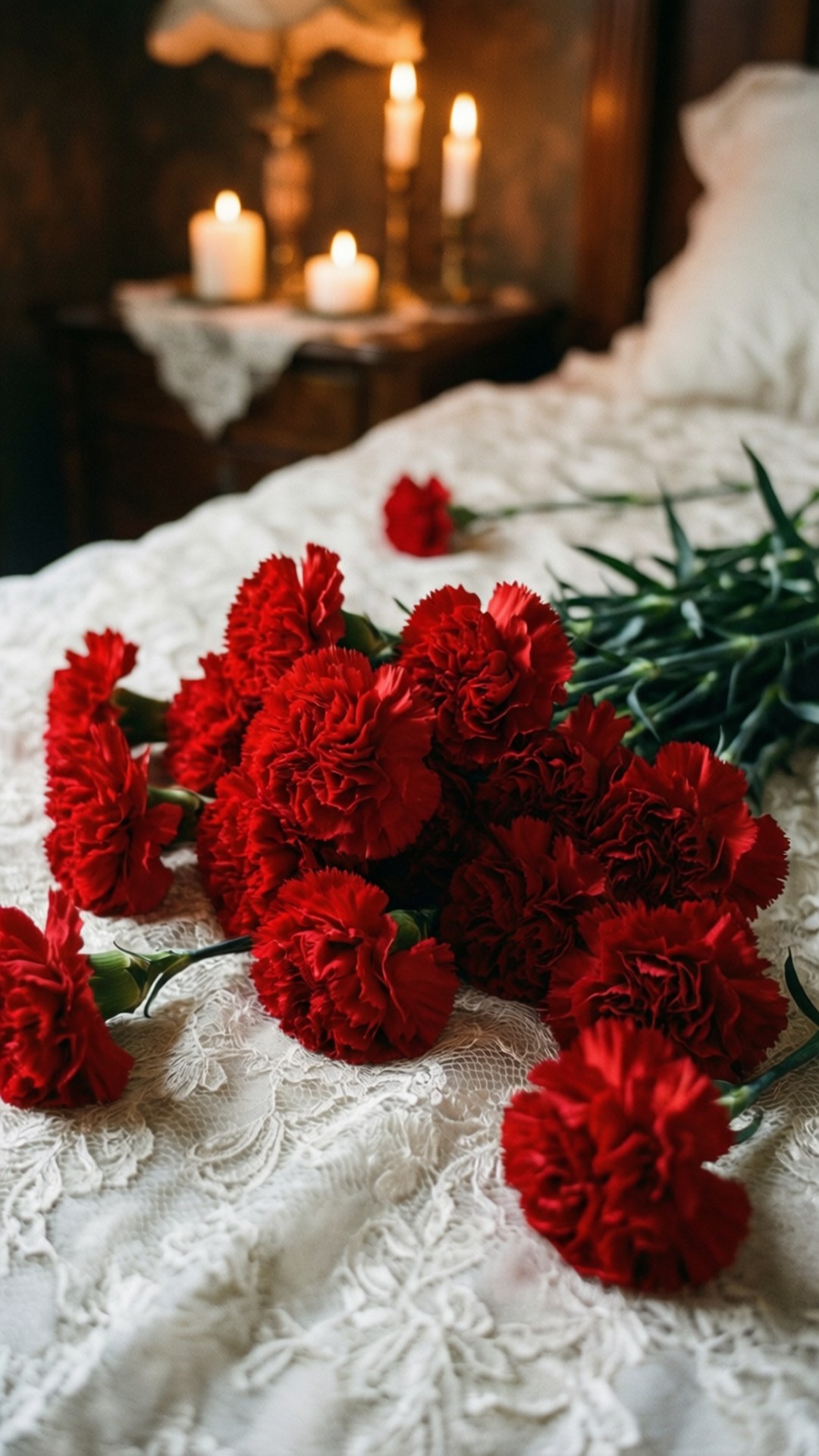Romantic Carnation Lace 壁紙 — 鮮豔的紅色康乃馨放在白色蕾絲床罩上，背景中點燃的蠟燭發出柔和的光芒。