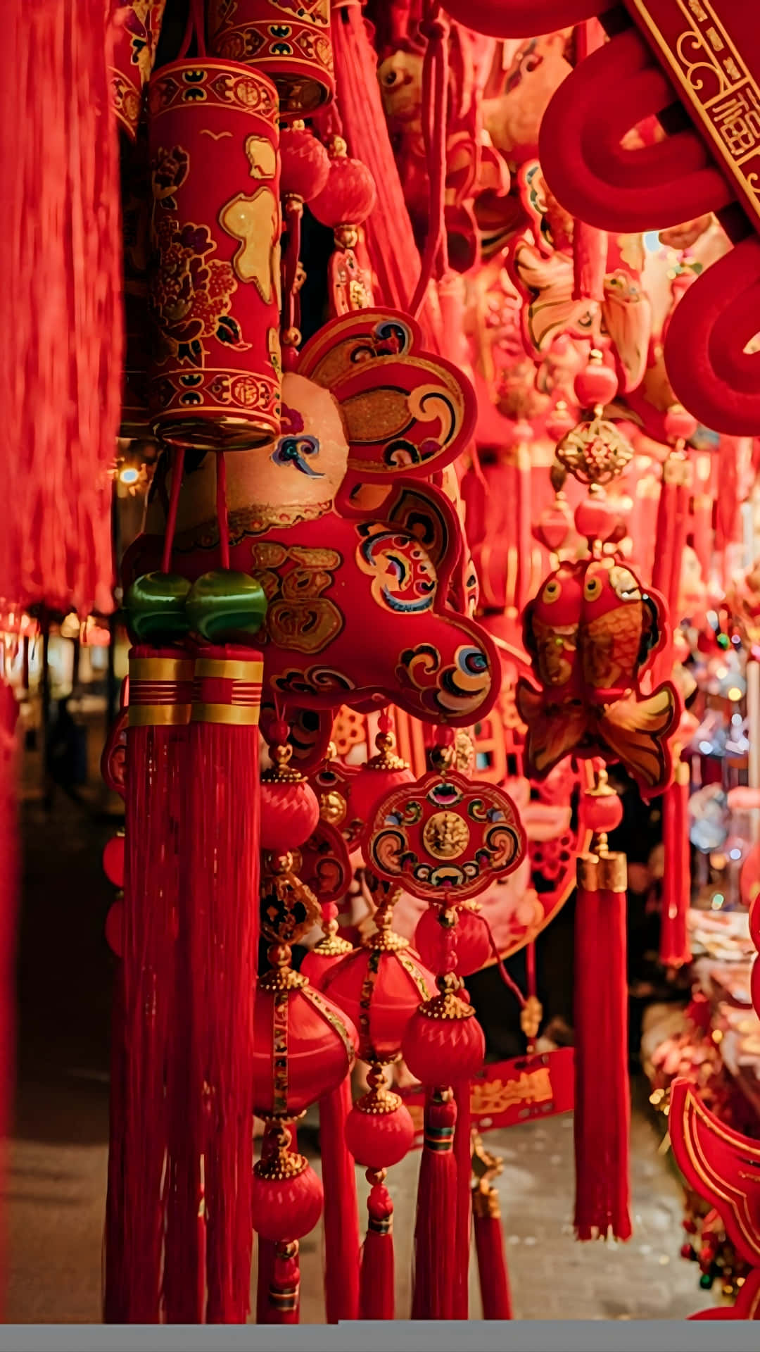  壁紙 — 鮮豔的紅色中國新年裝飾品，帶有精緻的金色圖案、燈籠、流蘇和節日飾品，密集地掛在溫暖照明的市場攤位上。