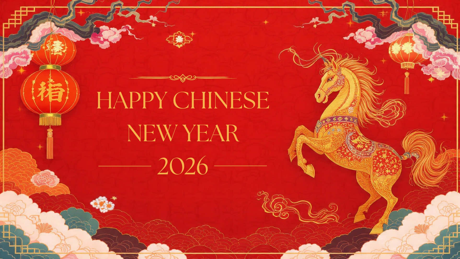  壁紙 — 一張充滿活力的紅色中國新年桌布， featuring 一匹金色的馬、燈籠和雲朵，慶祝2026年。