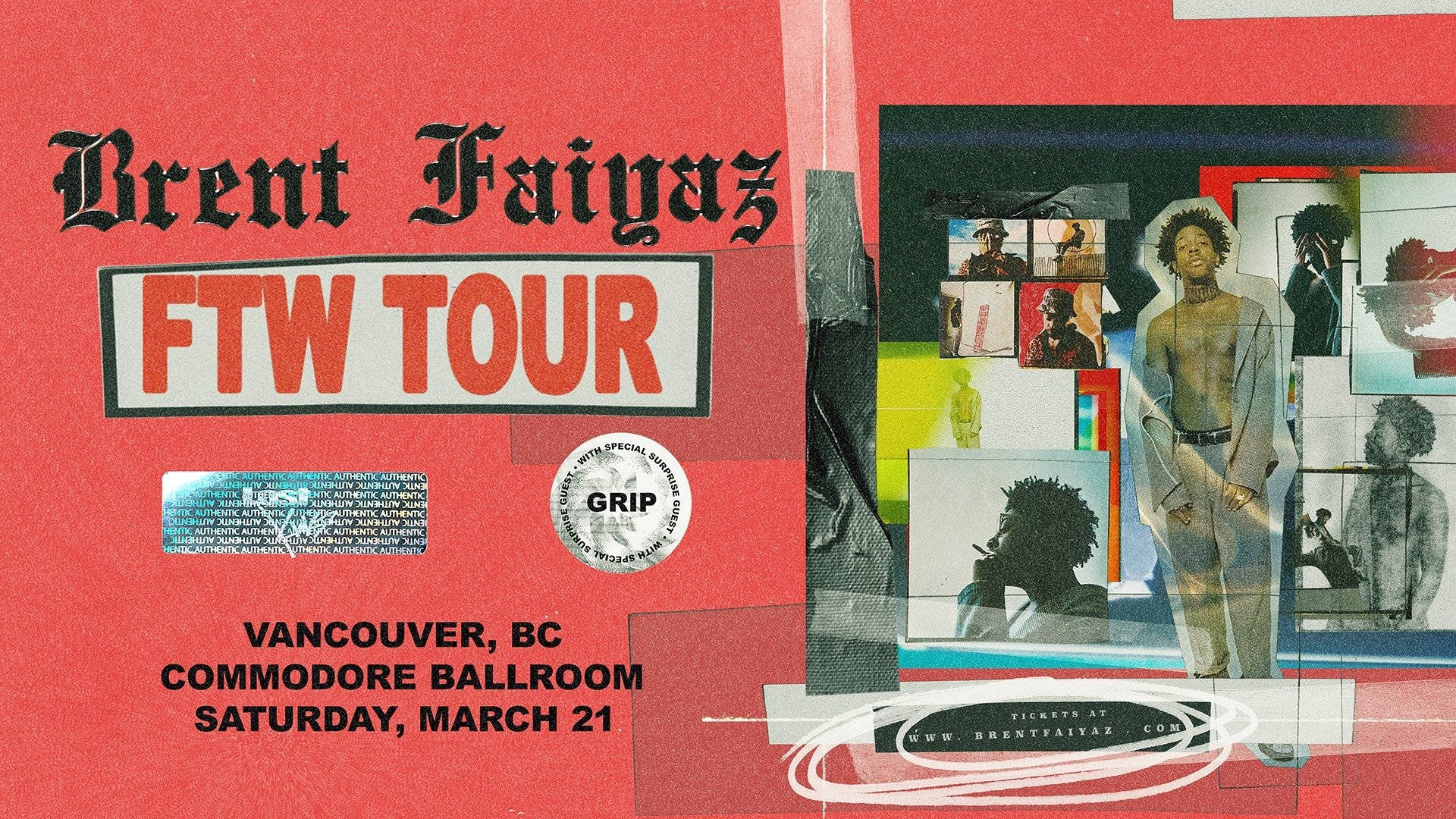 Brent Faiyaz 桌布 壁紙 — Brent Faiyaz FTW 巡迴演唱會的鮮紅色海報，特色是拼貼風格肖像和大膽字體。