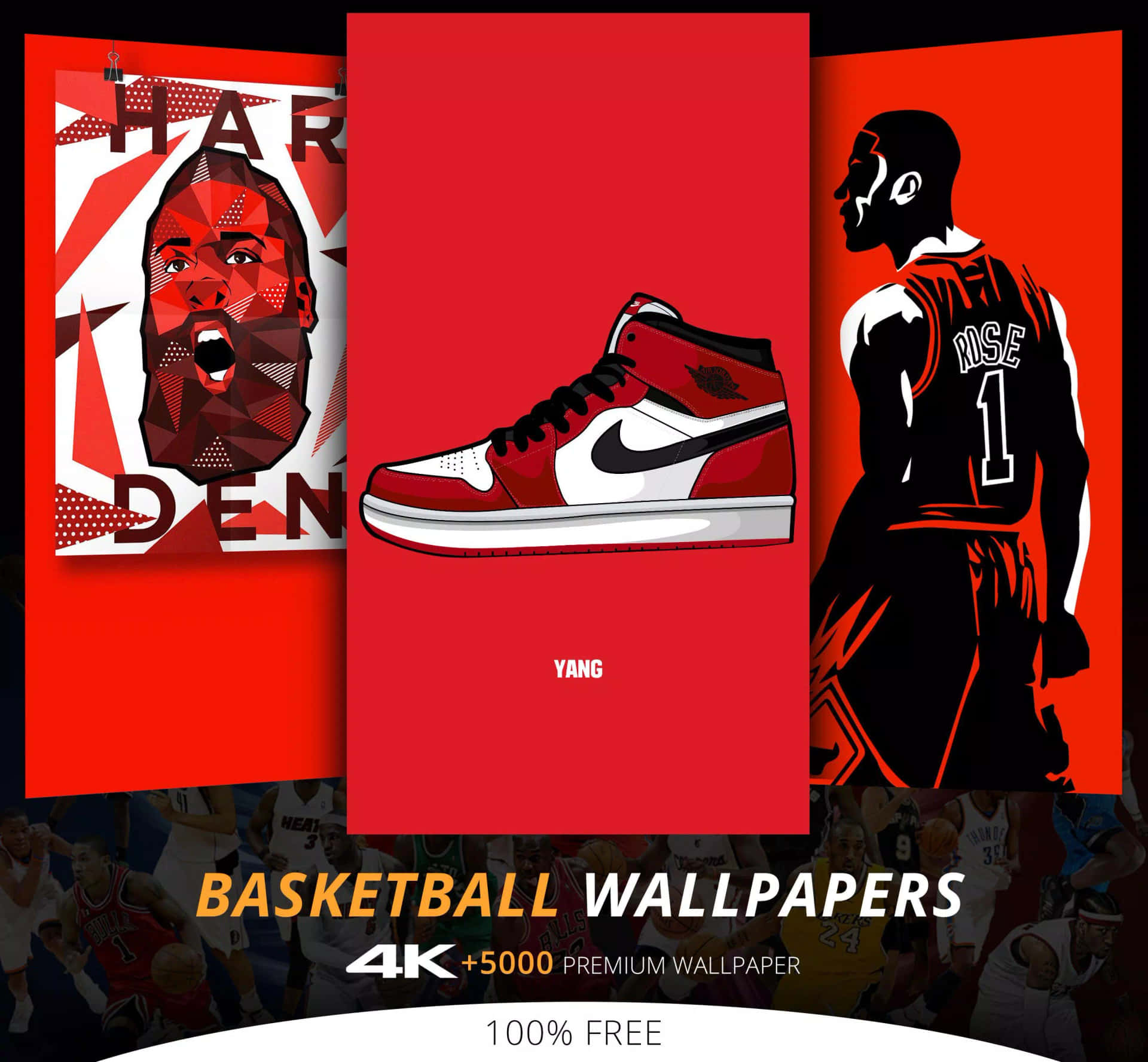 三張紅色海報，上面有籃球運動員和運動鞋插圖。 — Jordan Logo 壁紙