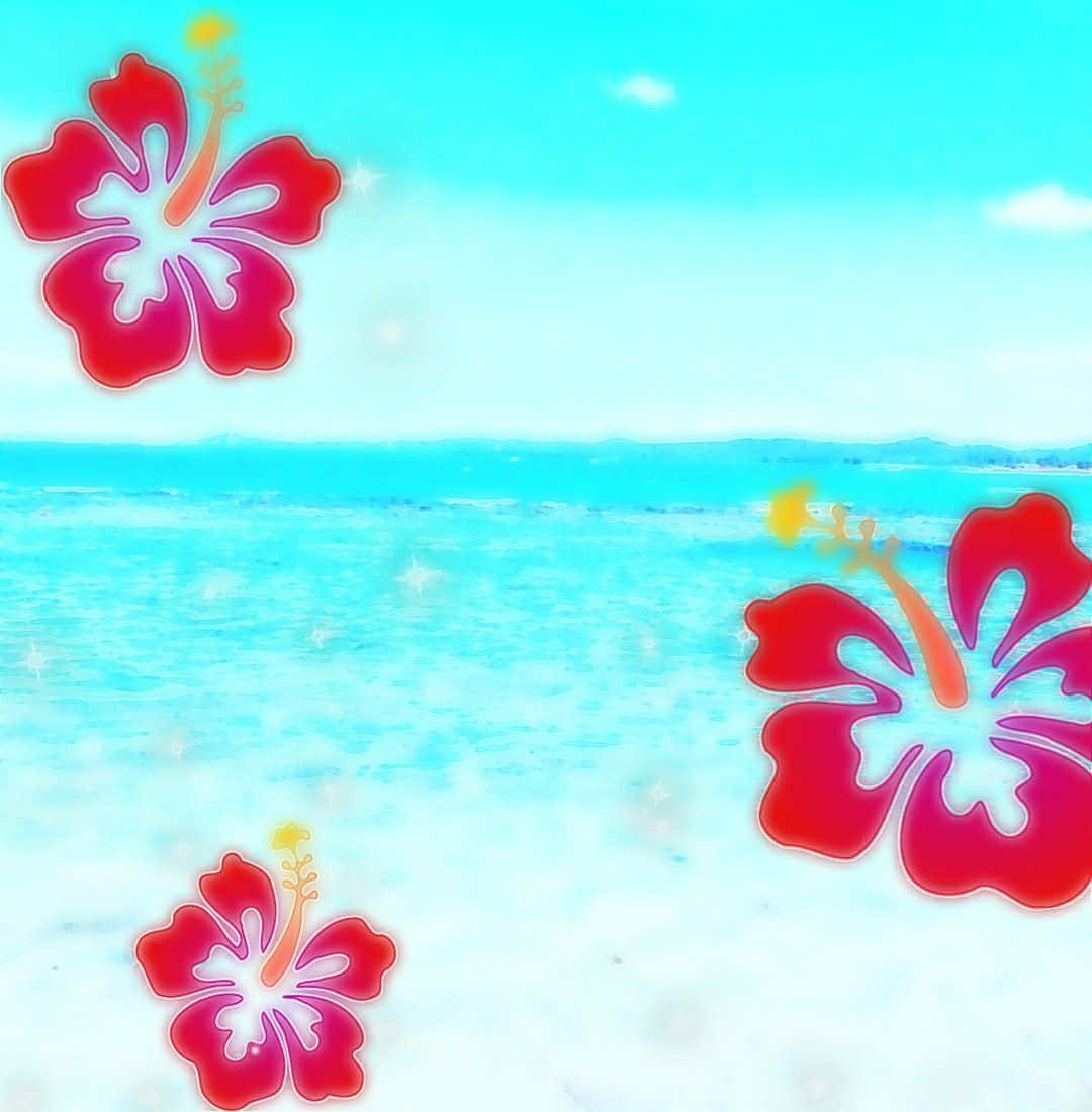  壁紙 — 鮮豔的紅色芙蓉花漂浮在閃閃發光的碧綠海洋上，天空清澈湛藍。