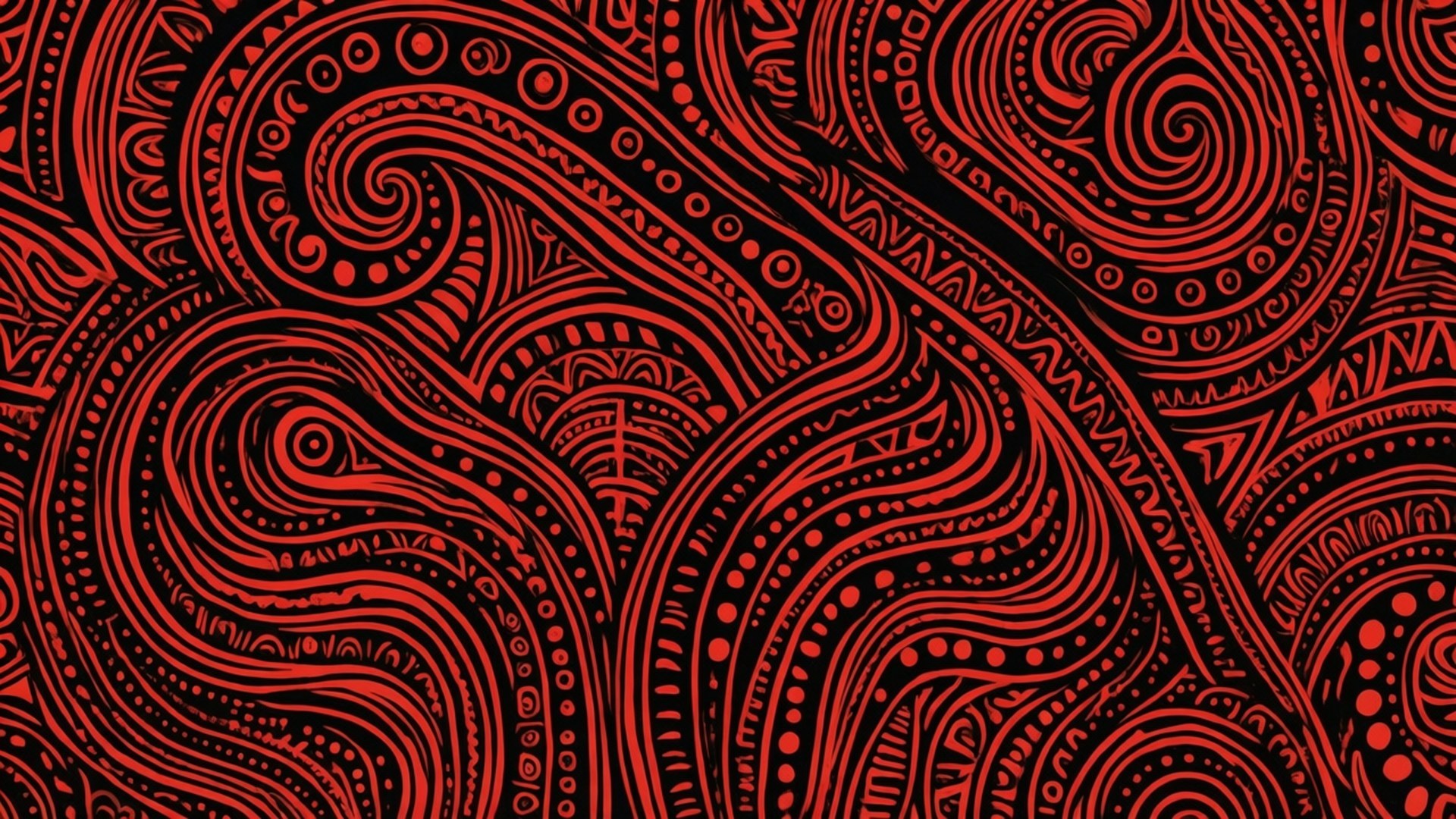Tribal Pattern 壁紙 — 鮮豔的紅色複雜漩渦佩斯利圖案，帶有詳細的點和線條，在黑色背景上。