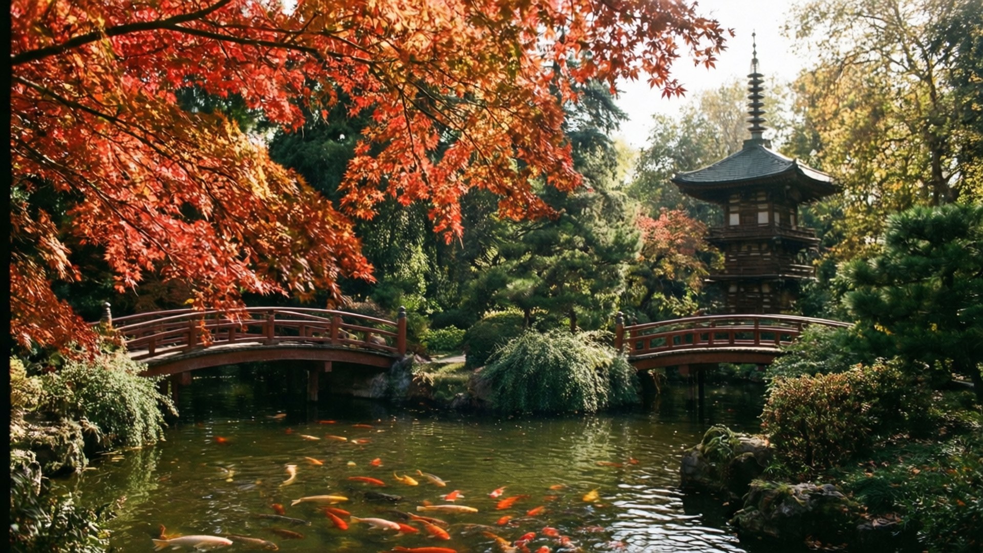 Japanese Gardens Autumn 壁紙 — 鮮紅的楓葉拱起在木橋上，橫跨傳統日本寶塔旁的錦鯉池。