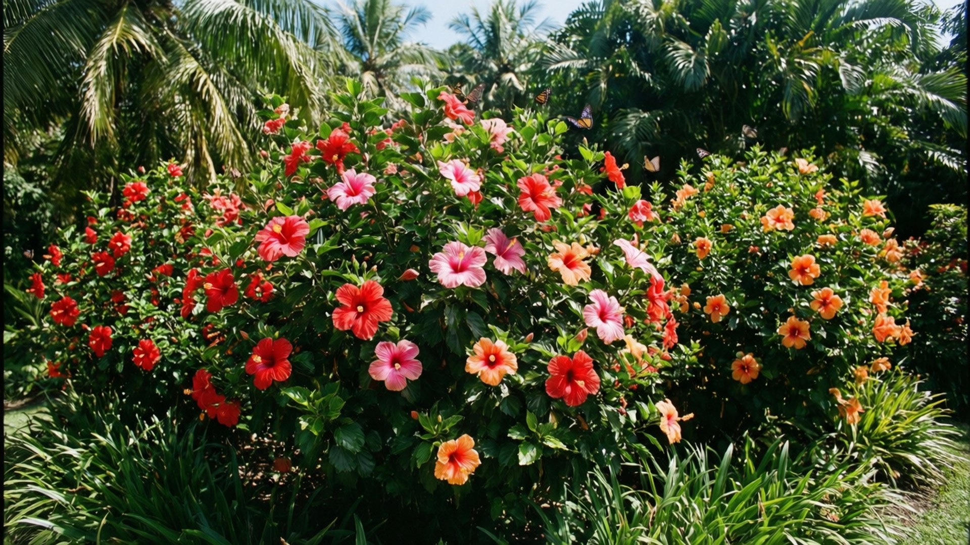 Vibrant Hibiscus Garden 壁紙 — 鮮豔的紅色、粉紅色和橙色芙蓉花在茂密的綠色灌木叢中密集綻放，背景有棕櫚樹，在明亮的熱帶陽光下。