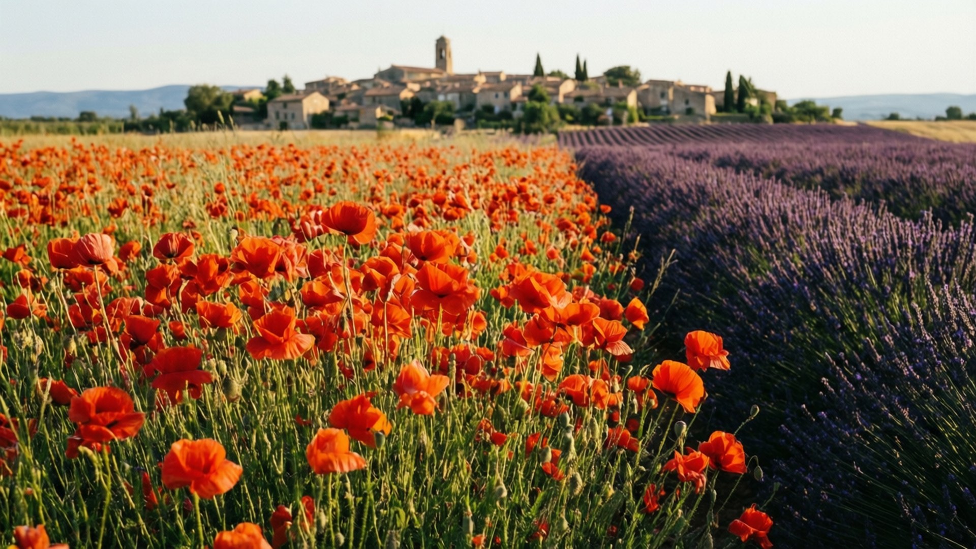 Provence Poppy Vista 壁紙 — 鮮豔的紅色罌粟花在前景盛開，旁邊是紫色的薰衣草行列，遠處有陽光照耀的村莊。