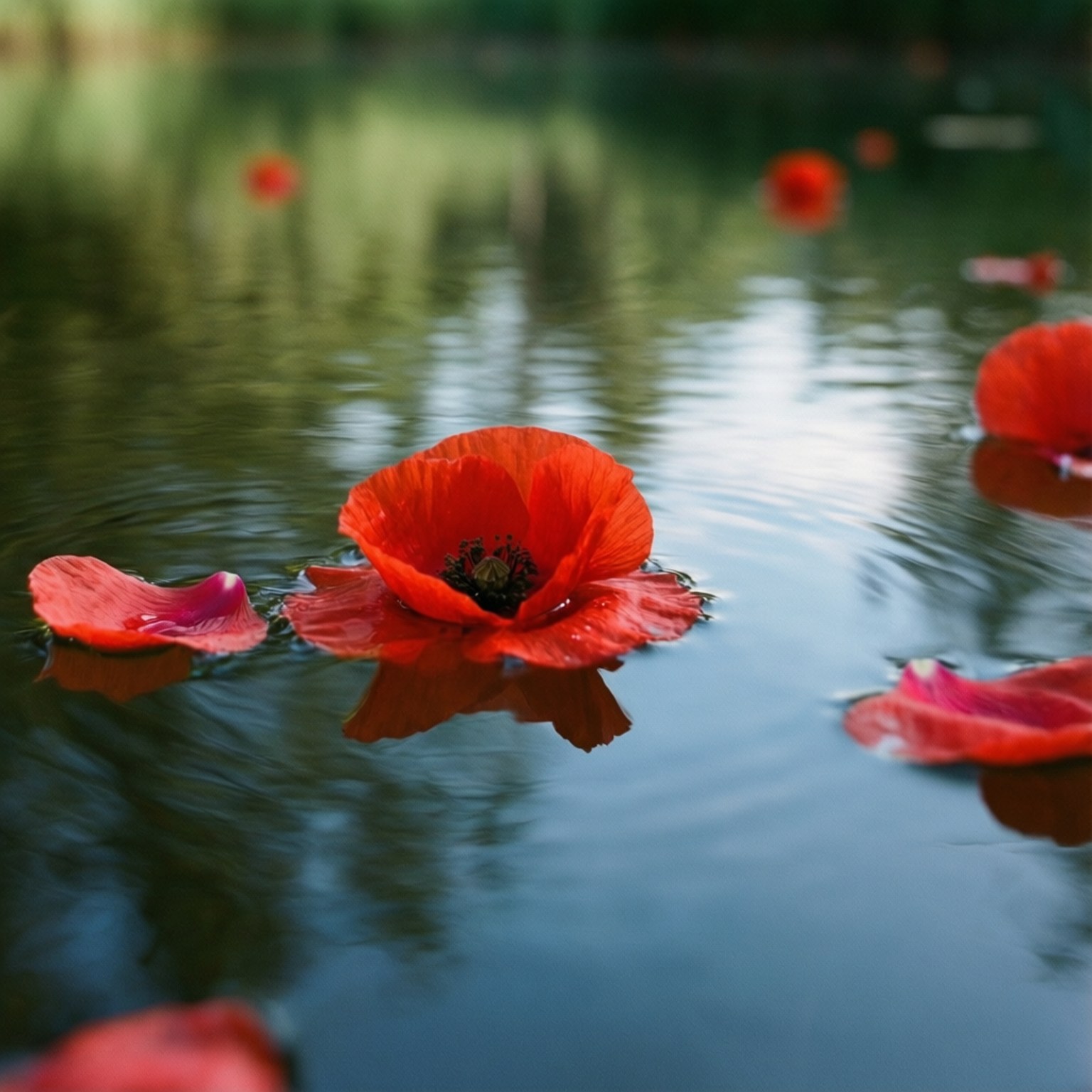 Poppy Petals Afloat 壁紙 — 鮮豔的紅色罌粟花靜靜地漂浮在平靜的水面上，帶有柔和漣漪和模糊的綠色倒影。