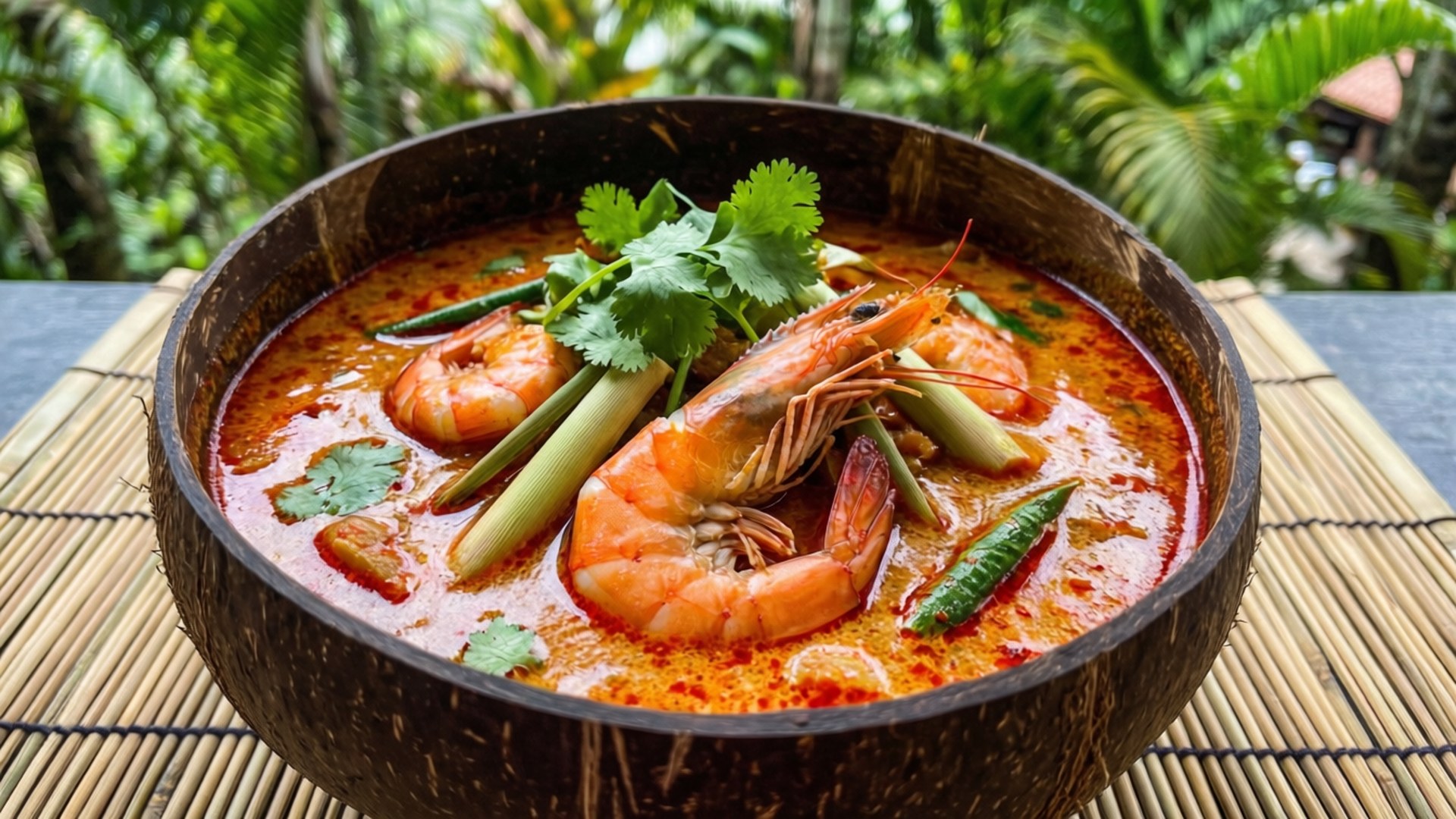 Thai Coconut Shrimp Chowder 壁紙 — 一個充滿活力的紅咖哩蝦，盛在椰子殼碗中，飾以香菜和檸檬草，放在竹蓆上。