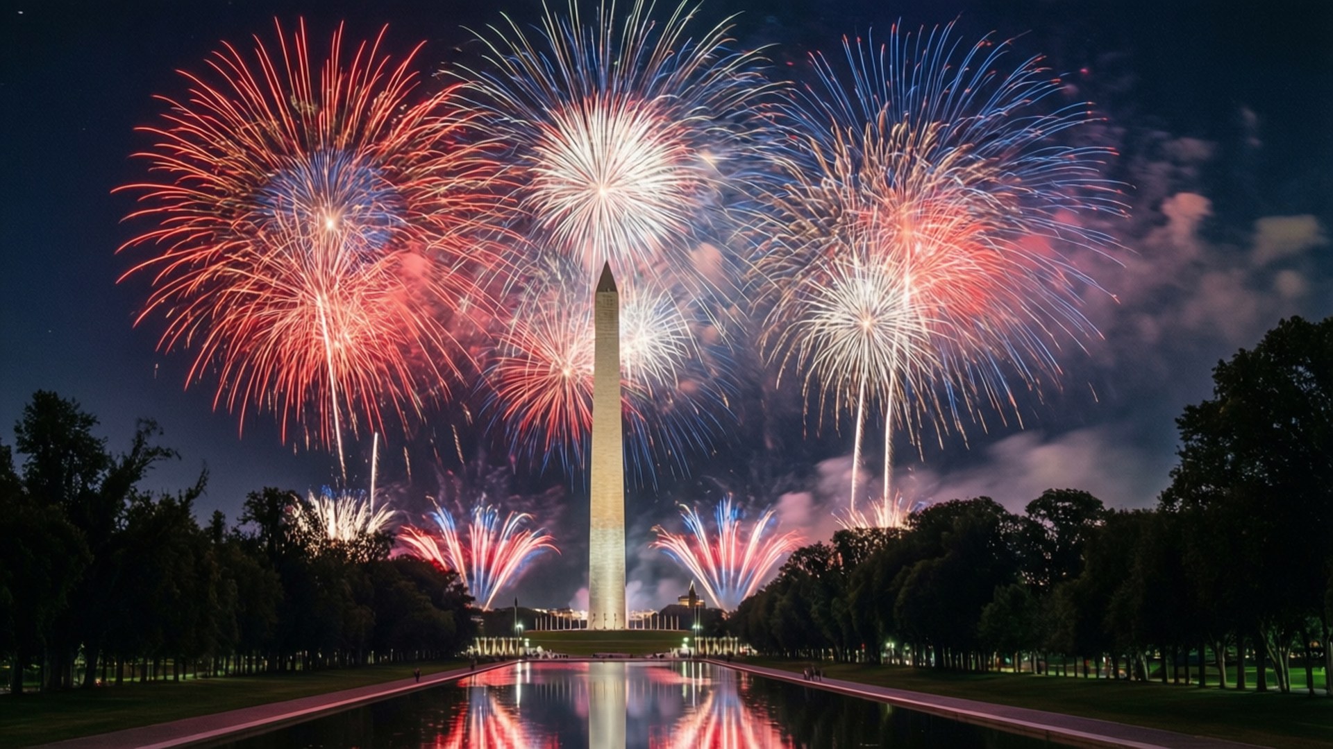 Fireworks Over Washington 壁紙 — 鮮豔的紅、白、藍煙火在華盛頓紀念碑上空爆炸，倒映在夜晚平靜的水池中。
