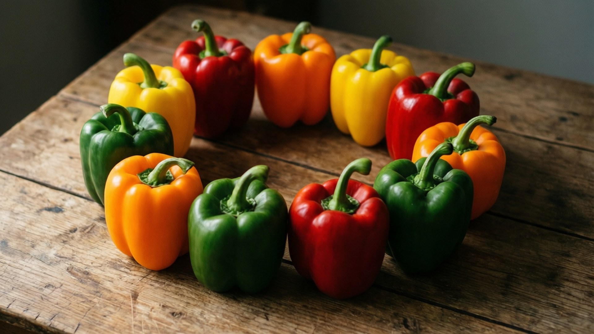 Colorful Bell Peppers 壁紙 — 鮮豔的紅色、黃色、橙色和綠色甜椒在風化的木桌上排列成一個圓圈。
