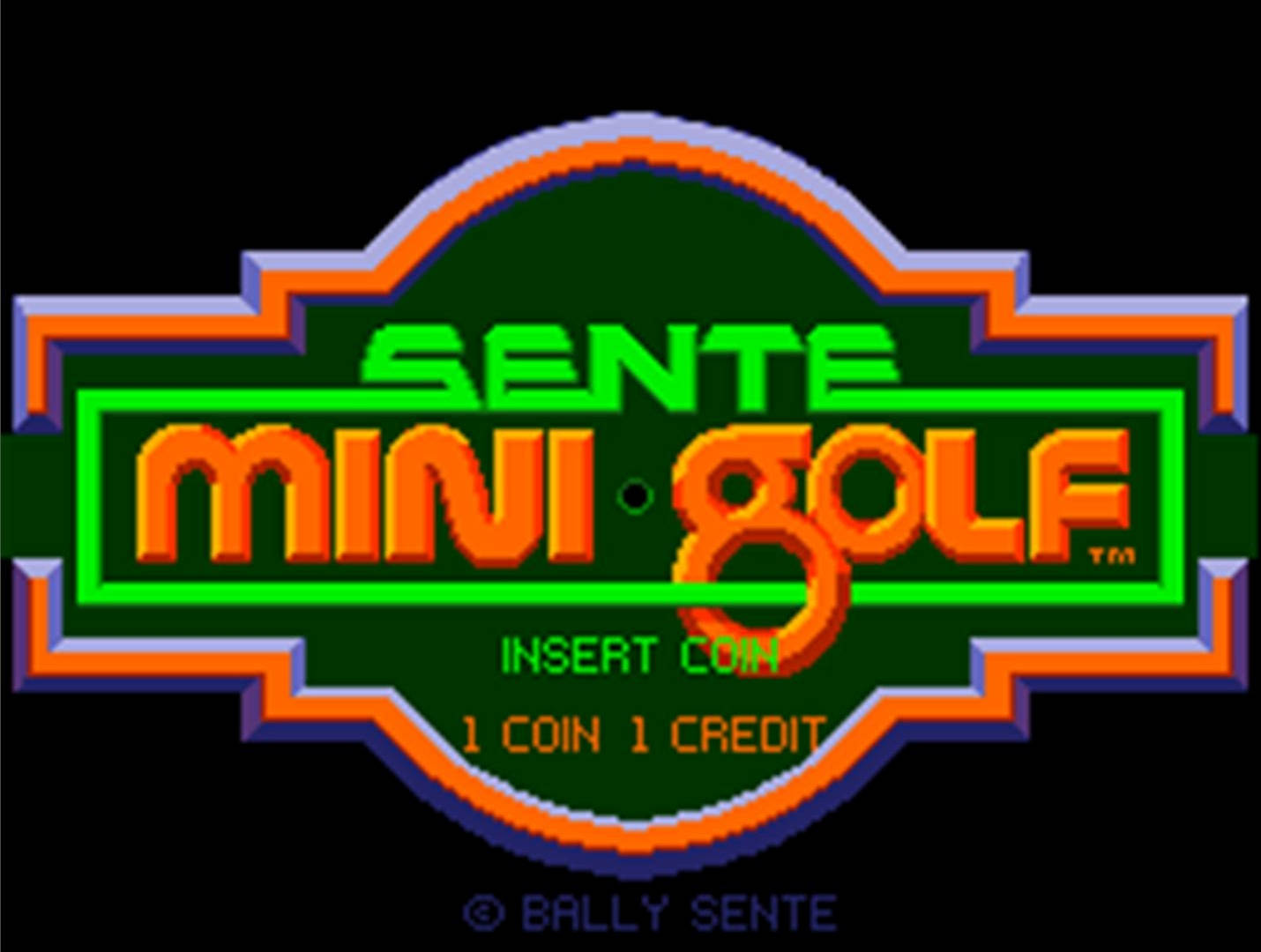 Golfing 桌布 壁紙 — Sente Mini Golf 的鮮豔復古街機標誌，黑色背景上有發光綠色和橙色文字。