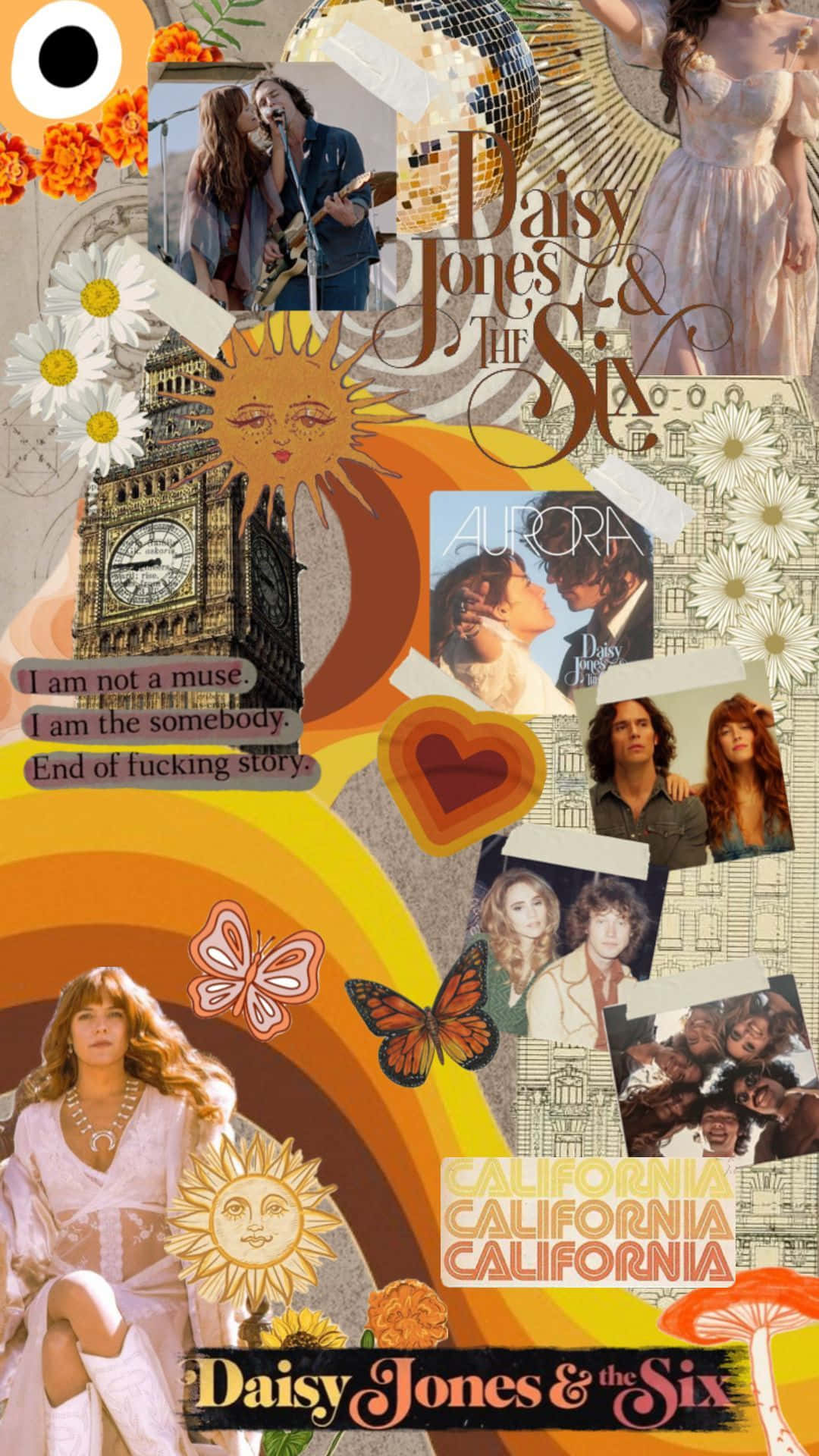 壁紙 — 一幅充滿活力的復古拼貼畫， featuring Daisy Jones & The Six 的專輯藝術、太陽圖案、蝴蝶和復古照片，背景為彩虹漸變色。
