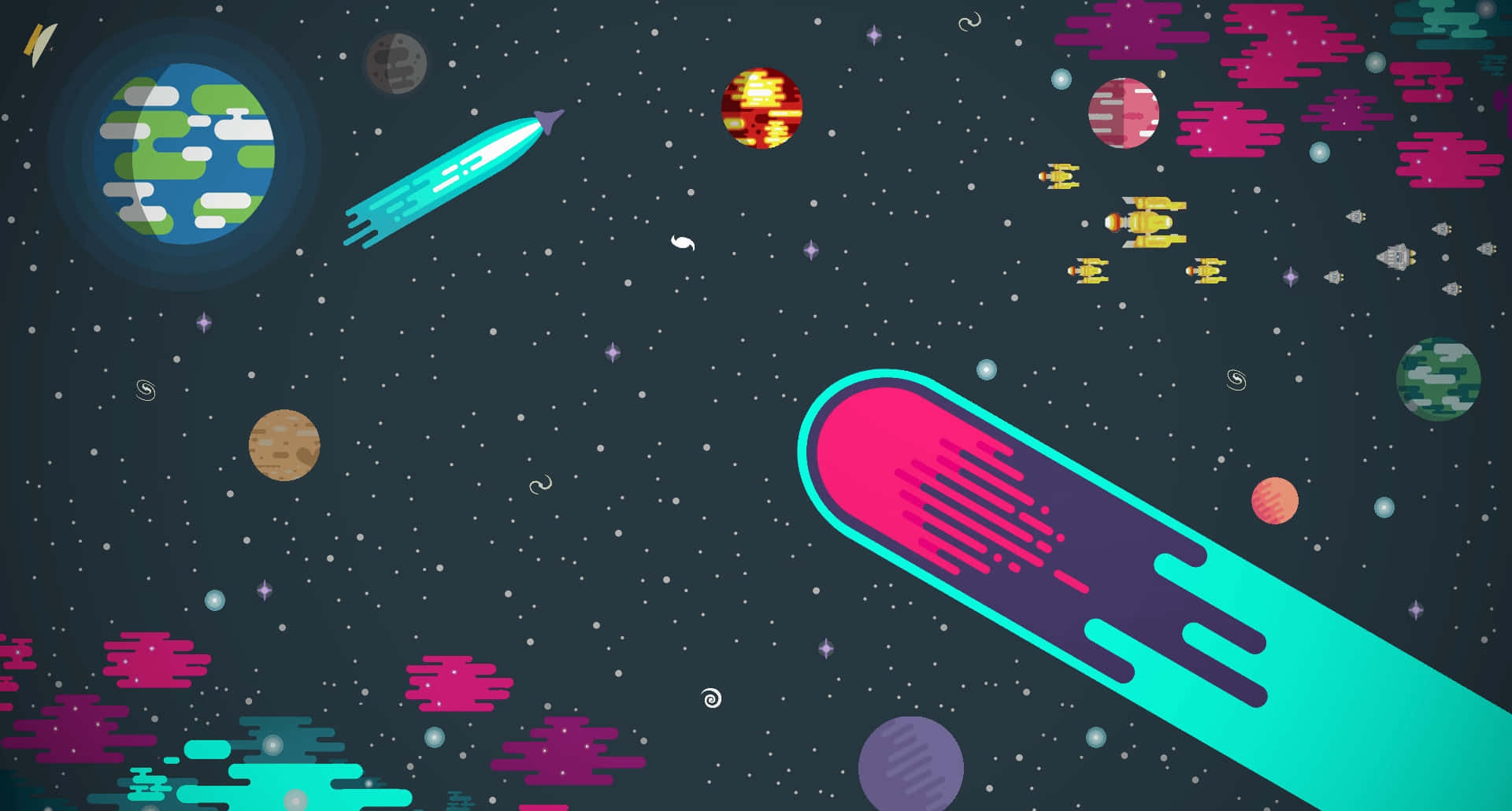 像素化火箭和行星在色彩繽紛的復古太空場景中。 — Lofi 壁紙