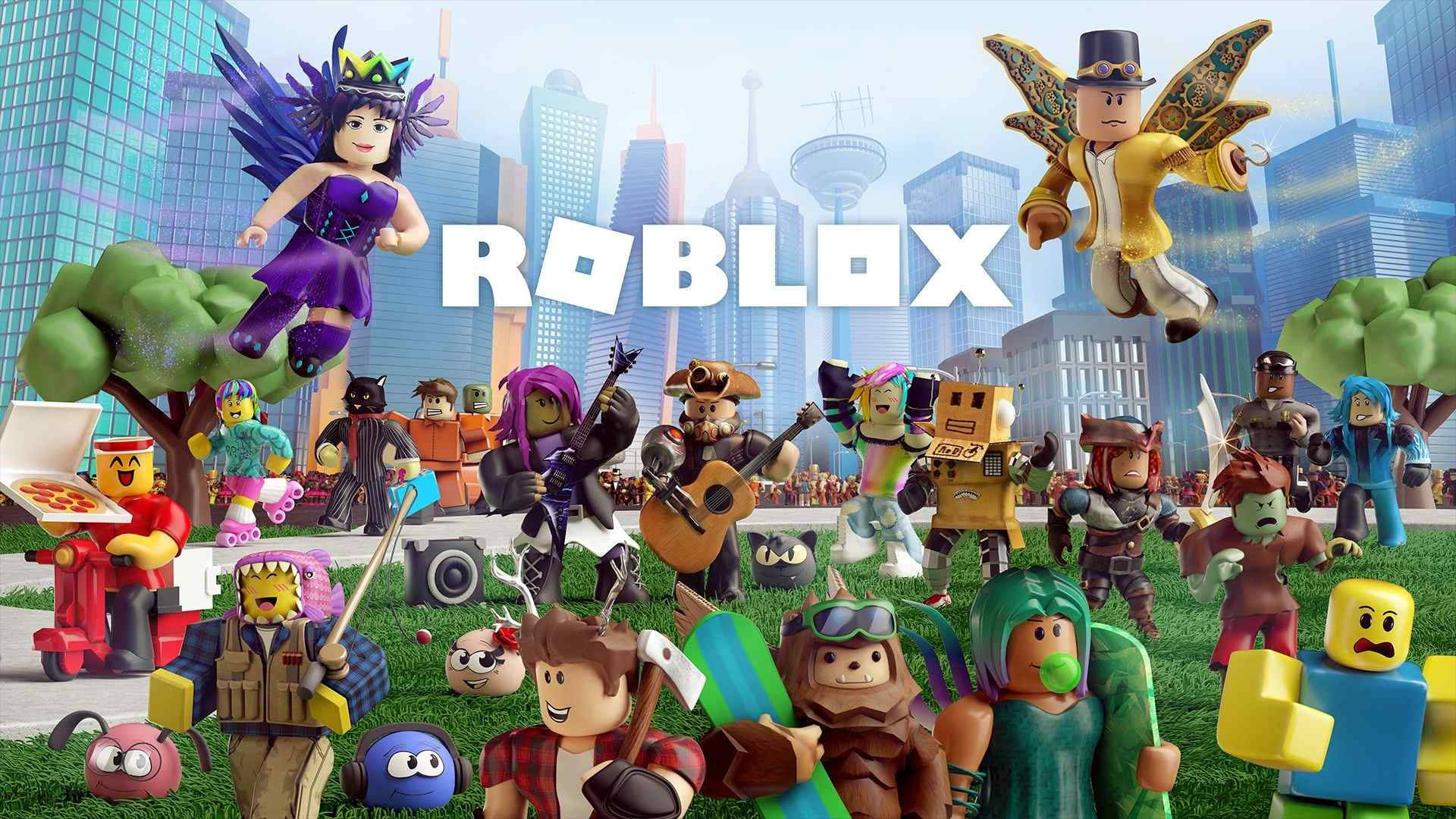 Roblox 虛擬角色在城市景觀中，帶有 Roblox 標誌。 — Roblox 壁紙