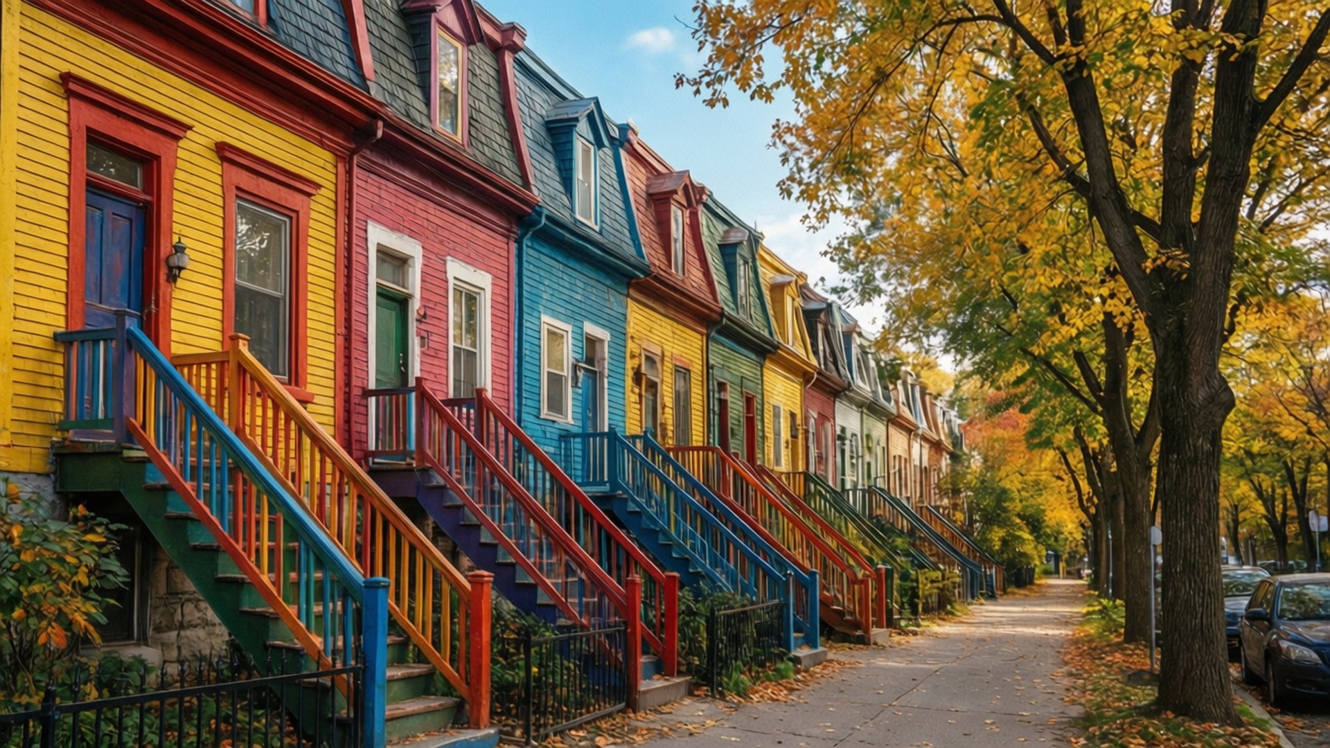 Plateau Colorful Houses 壁紙 — 色彩繽紛的排屋，帶有彩虹色樓梯，排列在一條樹木成蔭的秋日街道上，天空清澈湛藍。