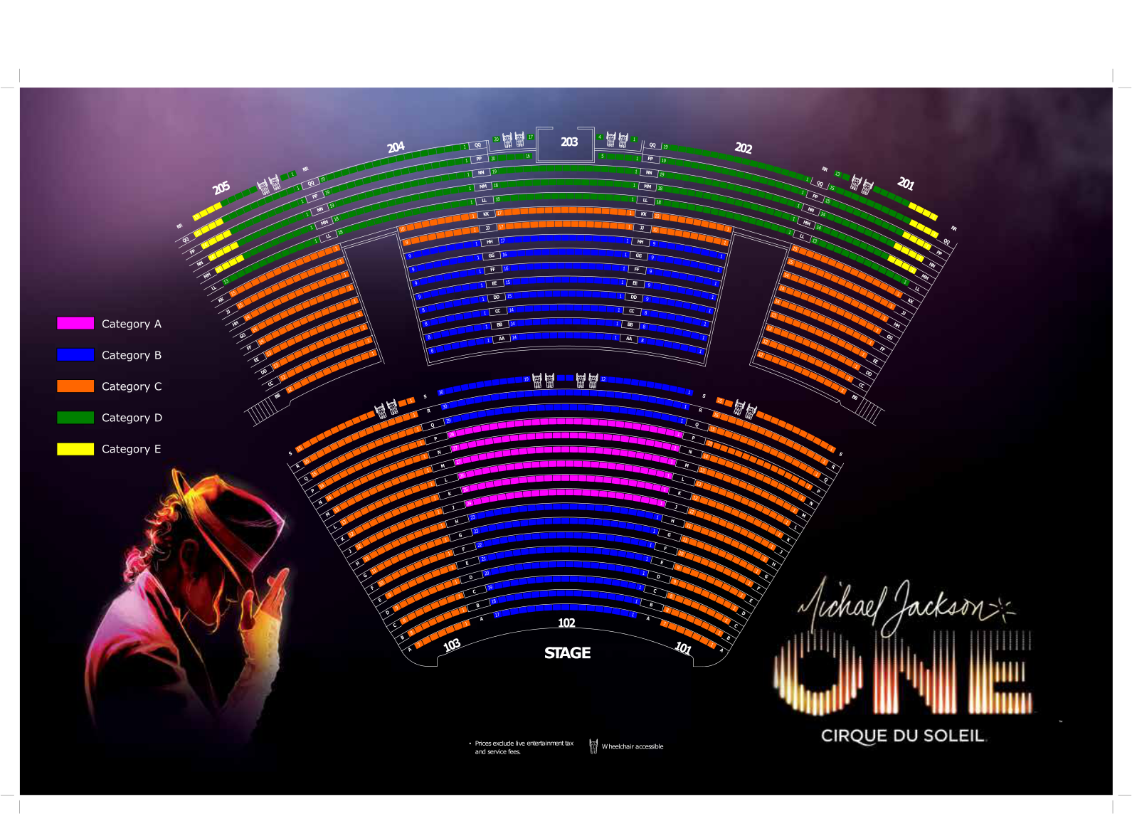 麥可·傑克森 桌布 壁紙 — Michael Jackson ONE 在 Cirque du Soleil 的鮮豔座位表，帶有顏色編碼的區域和風格化的表演者剪影。