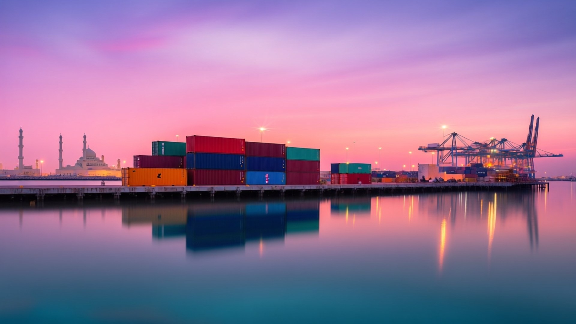 Jeddah Port Containers 壁紙 — 暮色港口堆疊的鮮豔貨運集裝箱，清真寺輪廓和起重機倒影映在平靜水面上。
