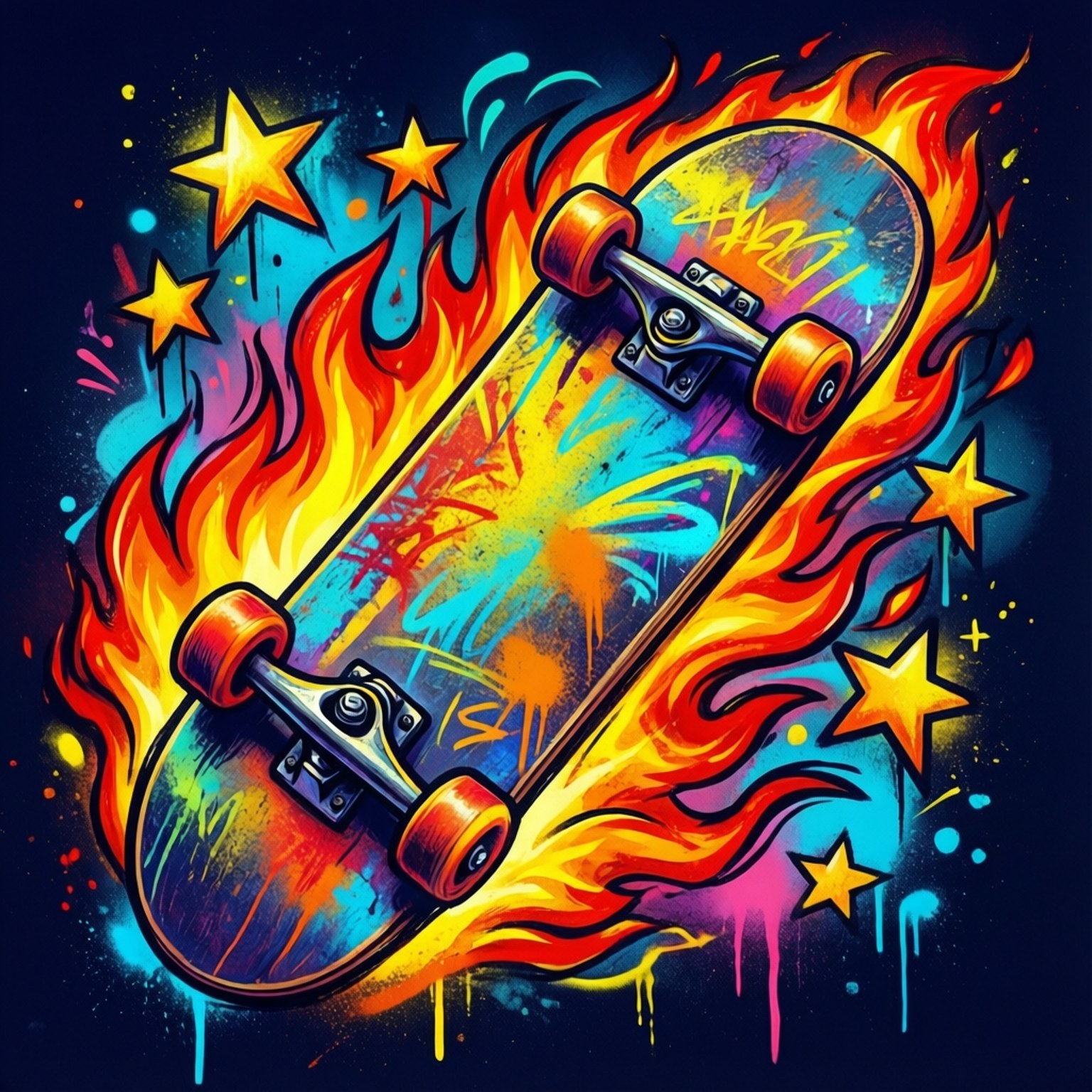 Graffiti Skateboard Doodle 壁紙 — 一個充滿活力的滑板被熾熱的橙色火焰包圍，背景是深藍色，帶有發光的黃色星星和彩色油漆飛濺。