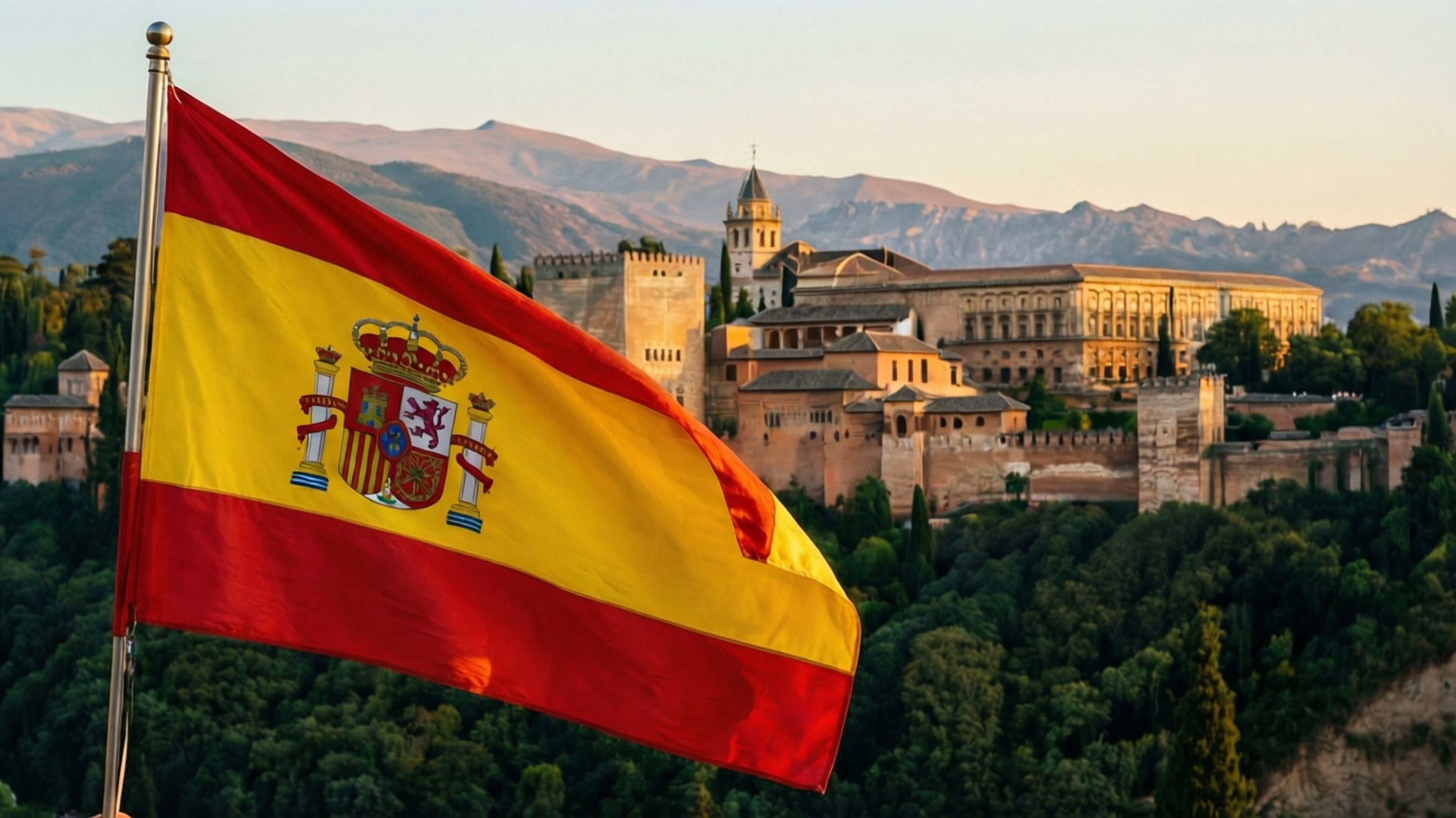 Alhambra and Flag 壁紙 — 一面鮮豔的西班牙國旗在歷史悠久的阿爾罕布拉宮堡壘前自豪地飄揚，堡壘坐落在鬱鬱蔥蔥的綠色山丘中，遠山沐浴在金色的日落光芒中。