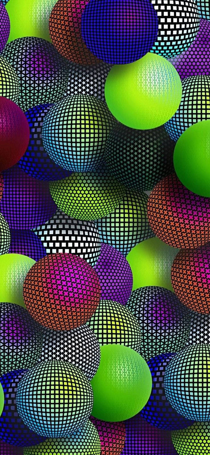 霓虹色球體與半色調網格形成密集的抽象圖案。 — 3D 壁紙