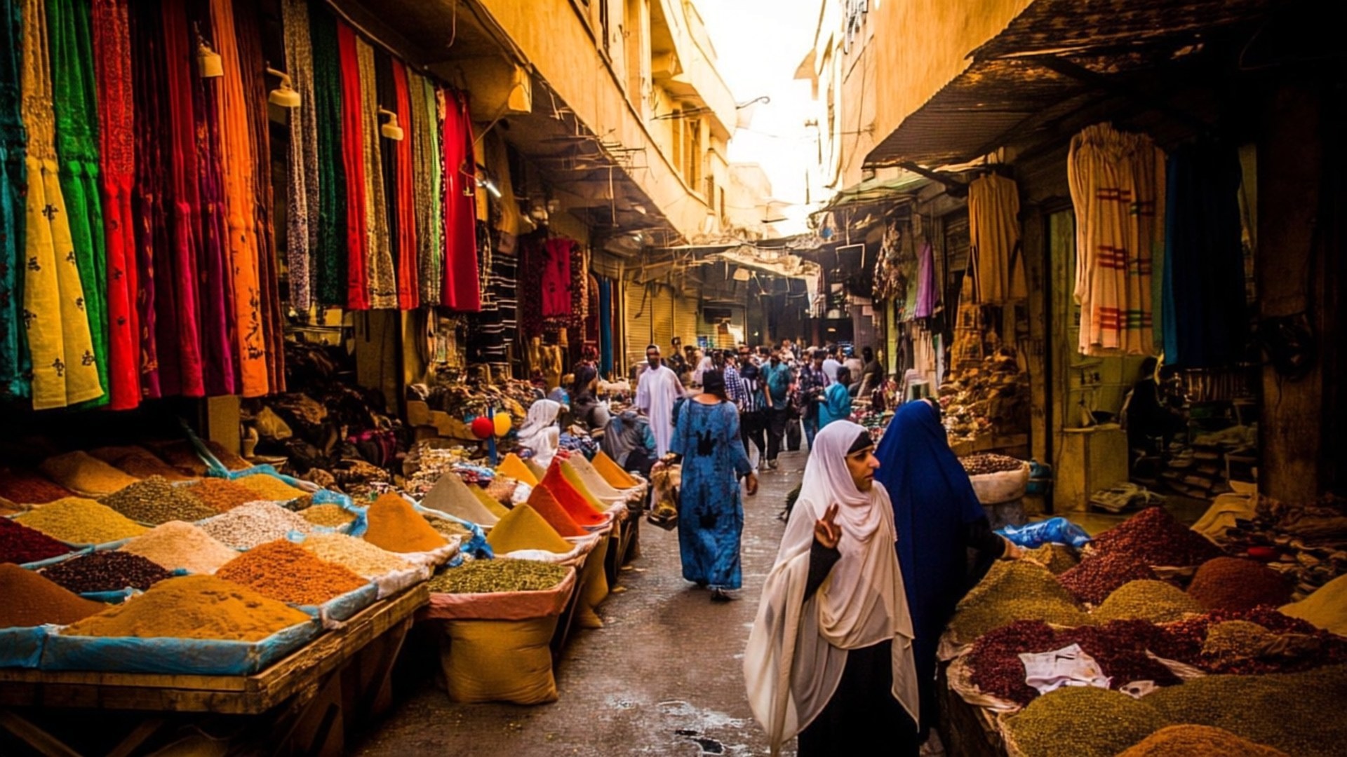 Baghdad Spice Market 壁紙 — 色彩繽紛的香料攤位排列在熱鬧狹窄的市場小巷中，頭頂掛著彩色布料，人們穿梭其中。