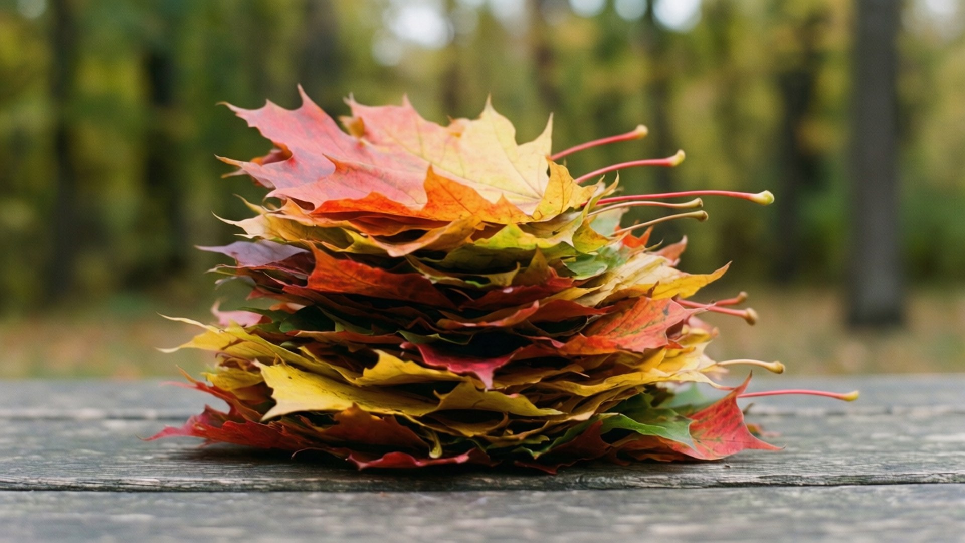 Stack of Autumn Leaves 壁紙 — 一堆鮮豔的秋季楓葉，有紅、橙、黃、綠色，放在一張風化的木桌上，背景是模糊的森林。