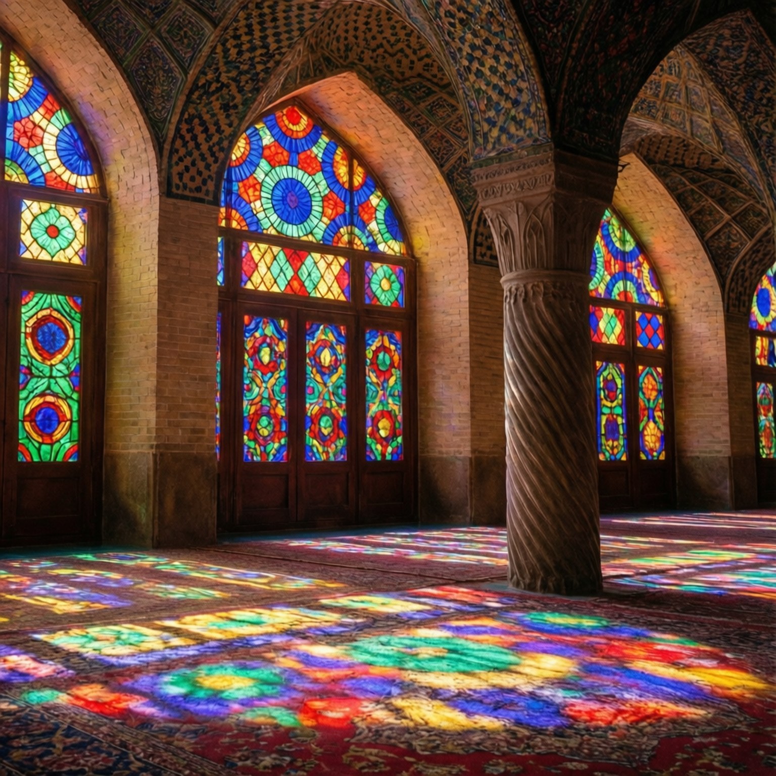 Pink Mosque Light 壁紙 — 色彩繽紛的彩繪玻璃窗在宏偉的拱形大廳中，將紅、藍、綠、黃的萬花筒圖案投射在圖案地毯上。