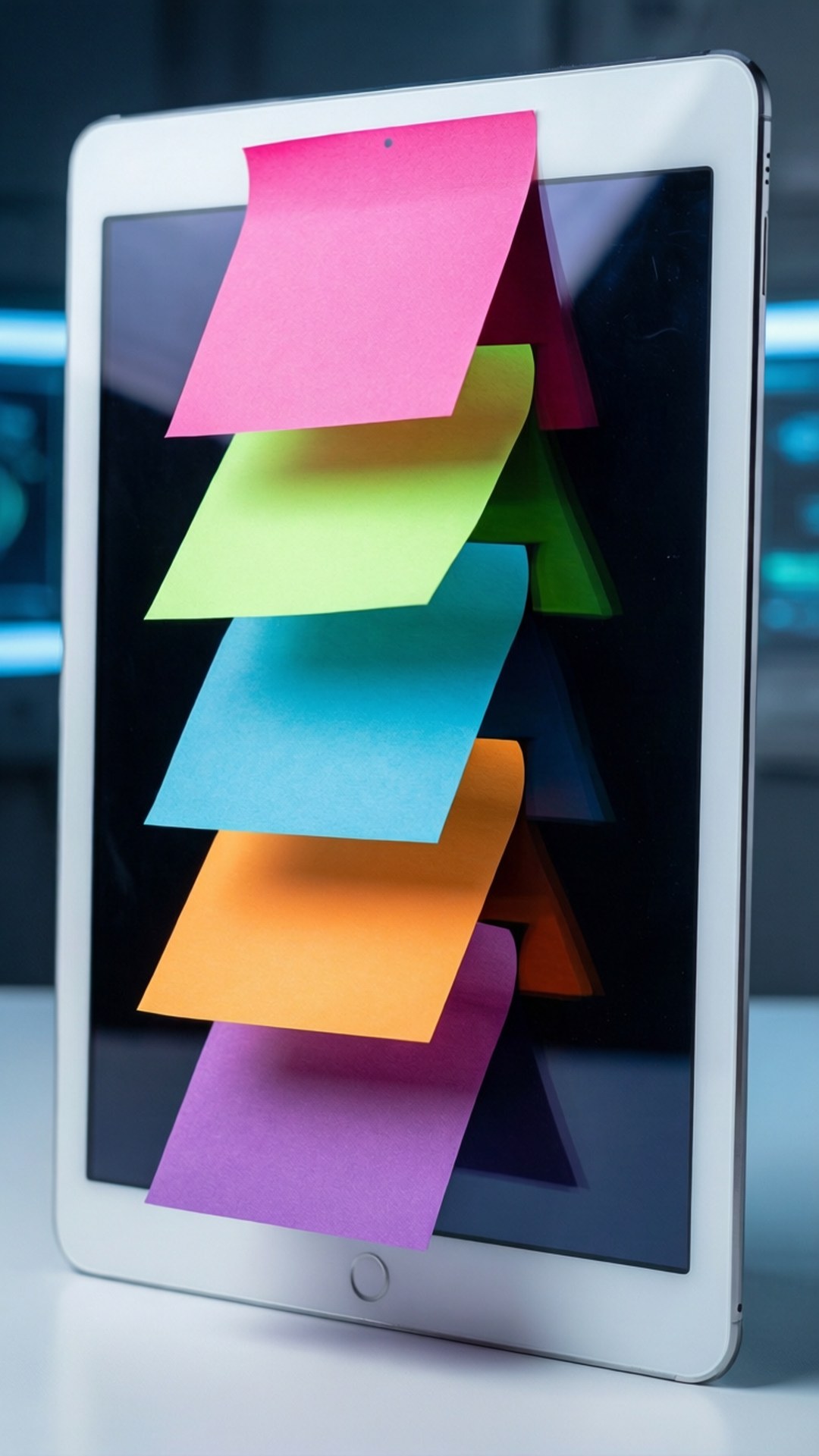 Post It 桌布 壁紙 — 鮮豔的便利貼在黑暗背景中，伴隨著發光的藍色科技燈光，像瀑布般流下平板電腦螢幕。