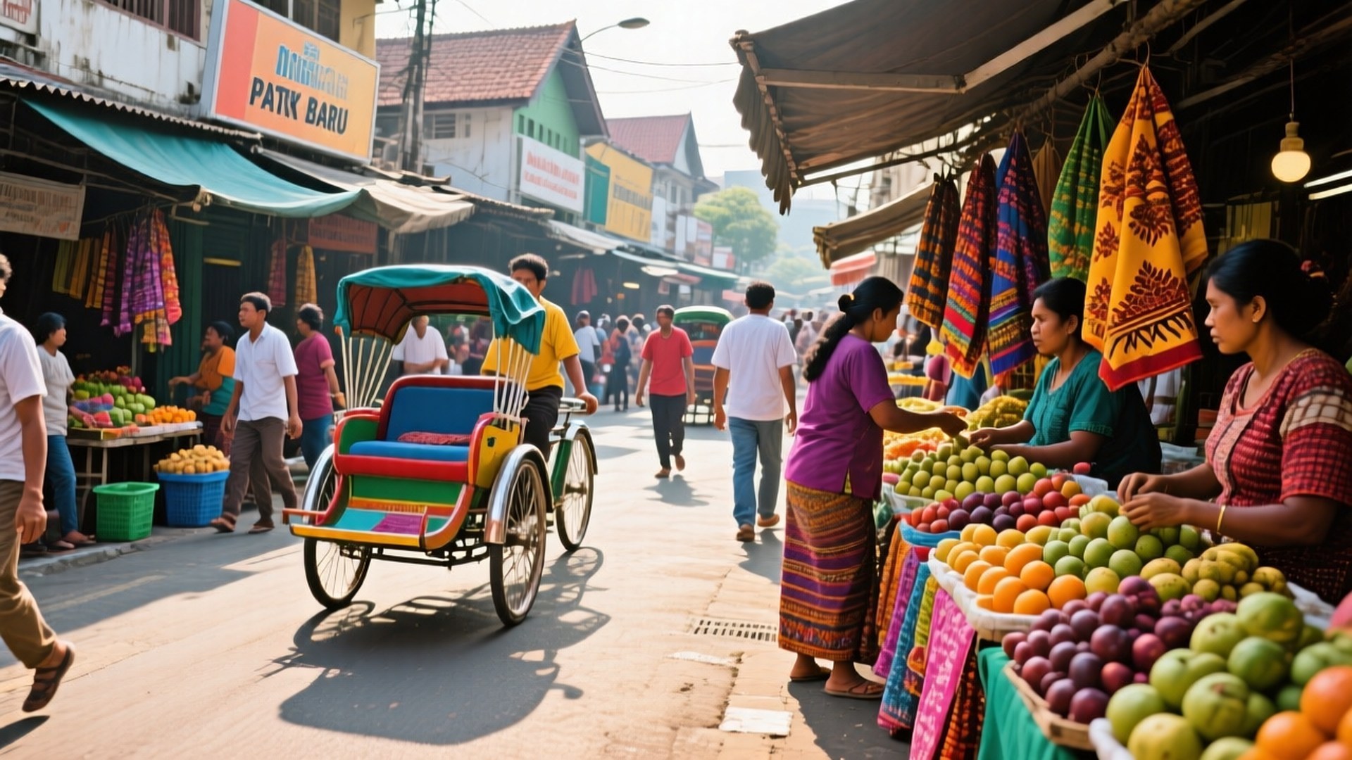 Pasar Baru Bustle 壁紙 — 充滿活力的街市場景，色彩繽紛的水果攤和一輛塗上彩虹色的三輪車經過。