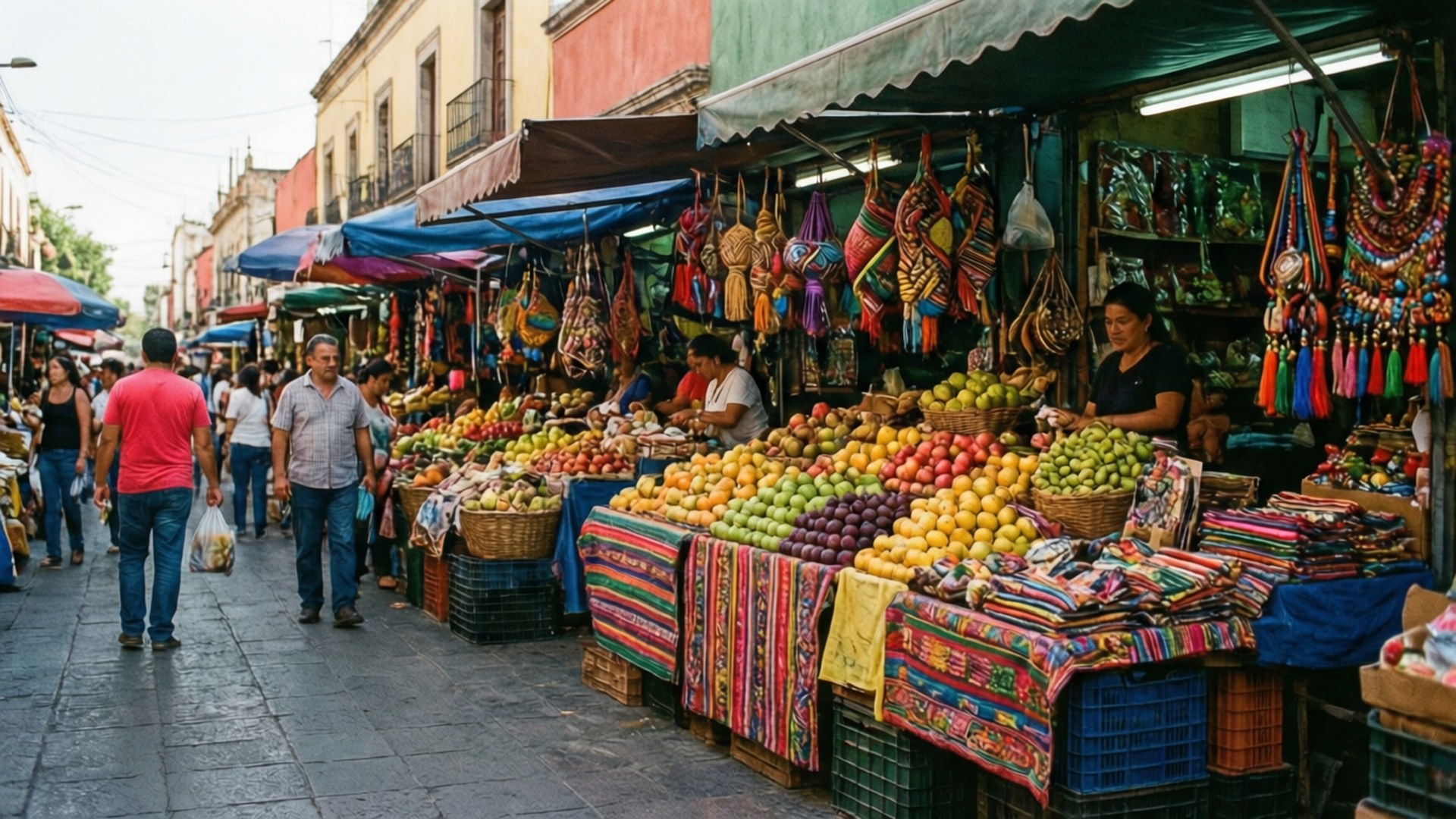 Market Day Bustle 壁紙 — 充滿活力的街市攤位在遮陽篷下擺滿了色彩繽紛的水果、紡織品和手工藝品，行人沿著鵝卵石小巷漫步。