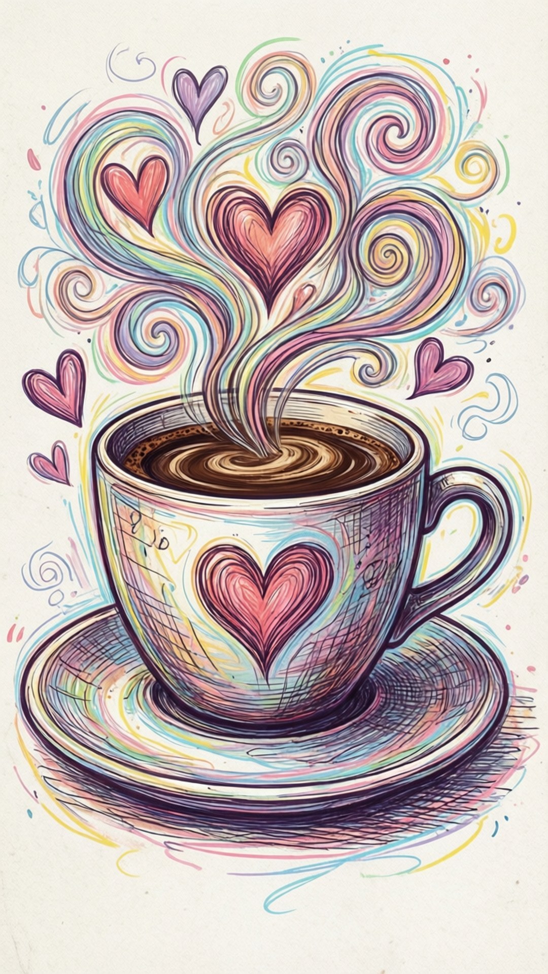 Pastel Coffee Love Doodle 壁紙 — 一個充滿活力的風格化咖啡杯，帶有旋轉的蒸汽，在奶油色背景上形成彩虹色調的心形。