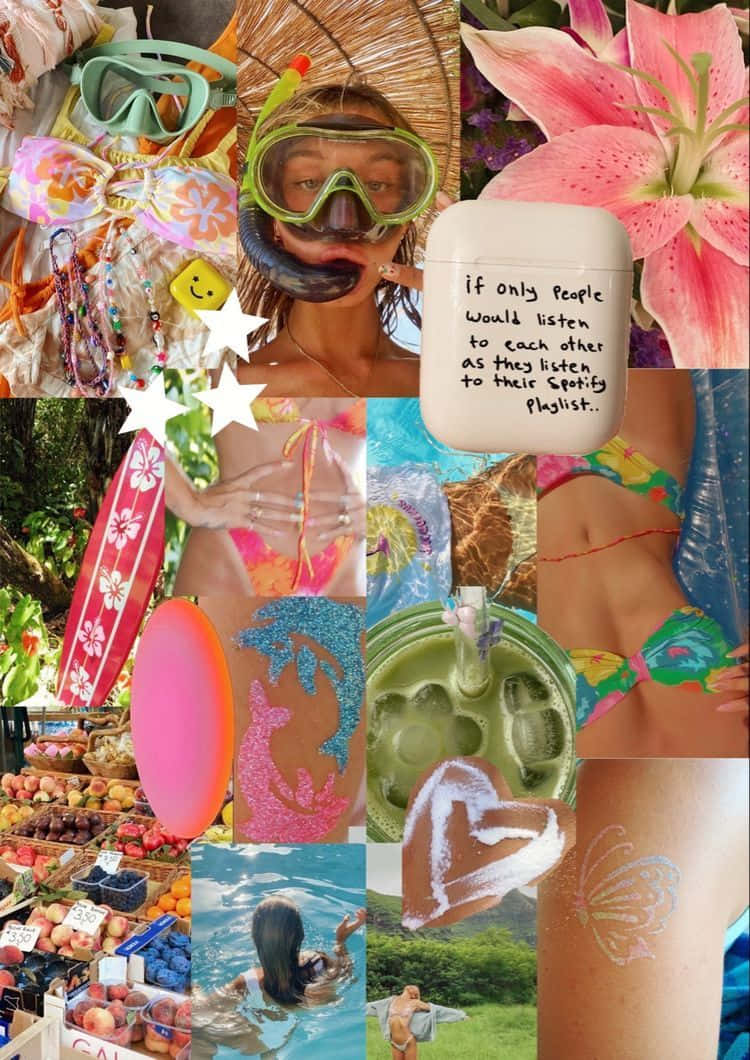  壁紙 — 充滿活力的夏日拼貼畫， featuring 一位穿著潛水裝備的女性、熱帶花卉、水果攤和沙灘配件。
