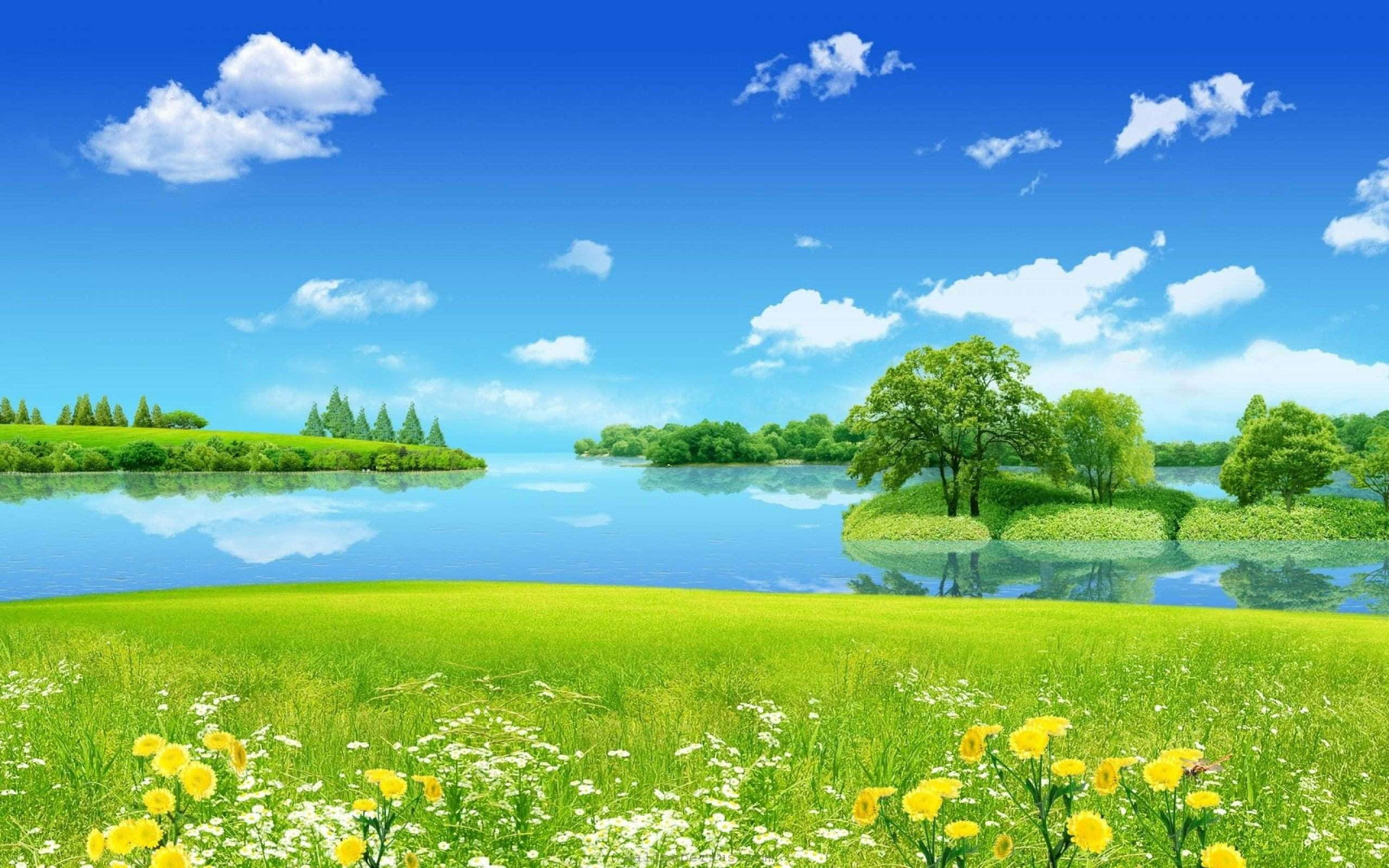 Green Landscape 桌布 壁紙 — 一片充滿活力的夏日草地，長滿黃色和白色的野花，通向一個平靜的藍色湖泊，上方是明亮的藍天和蓬鬆的白雲。