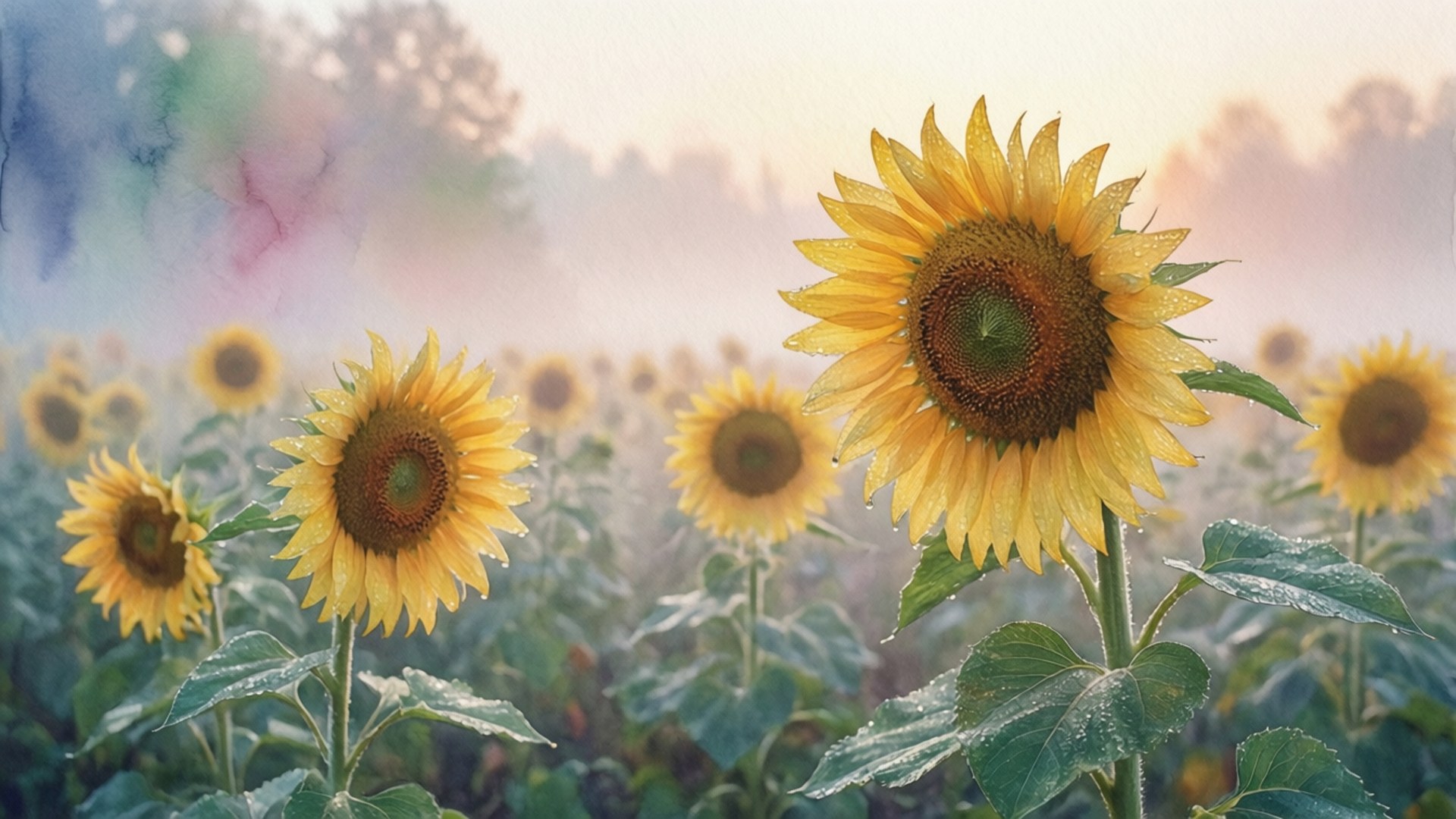 Morning Mist Sunflowers 壁紙 — 充滿活力的向日葵帶著露珠，在黎明時分的霧氣田野中高高聳立，背景是柔和粉彩的天空。