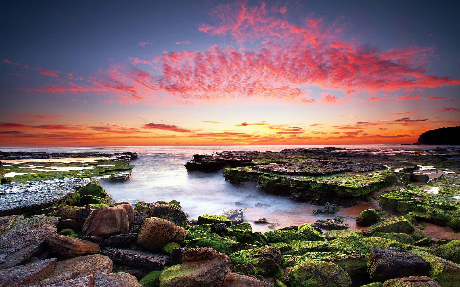 Coastal Sunset 桌布 壁紙 — 充滿活力的日落將天空染成火紅和橙色，映照在長滿苔蘚的海岸岩石上，平靜的海水輕輕流淌。