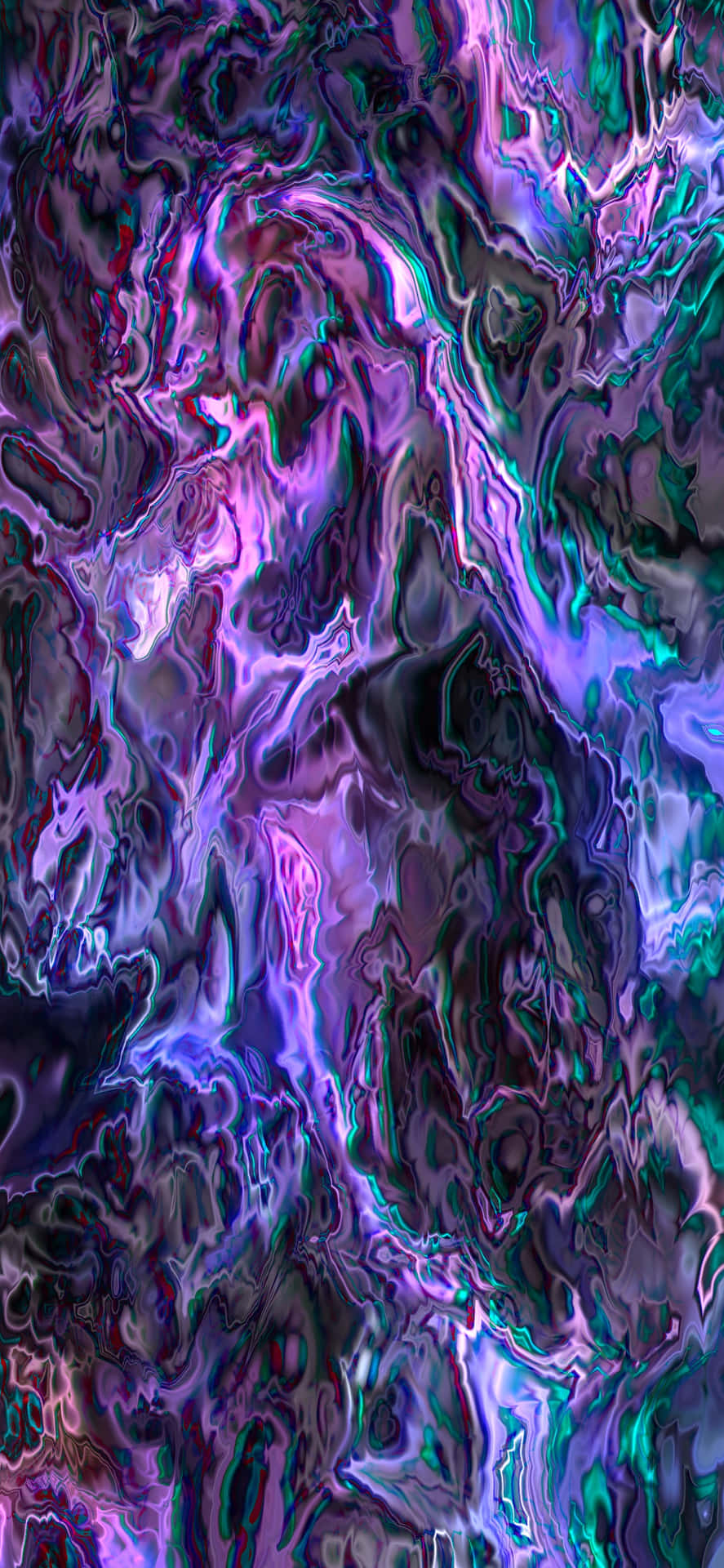 在深色背景上帶有發光紫色和藍綠色漩渦的抽象數位藝術作品 — iPhone 13 Pro 壁紙
