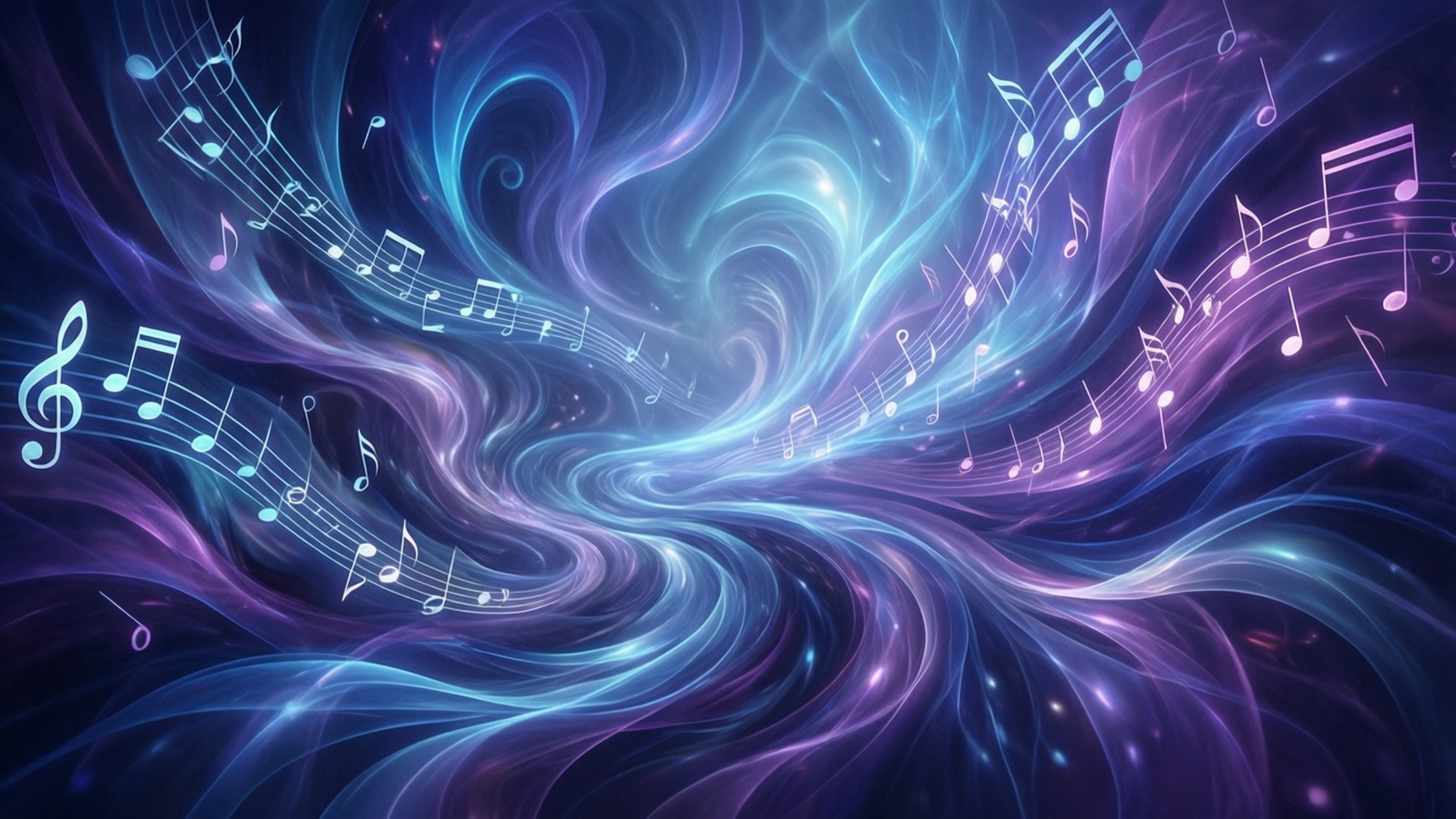 Musical Abstract 壁紙 — 充滿活力的旋轉宇宙能量流動，伴隨著發光的音符和高音譜號，呈現電光藍和紫色。