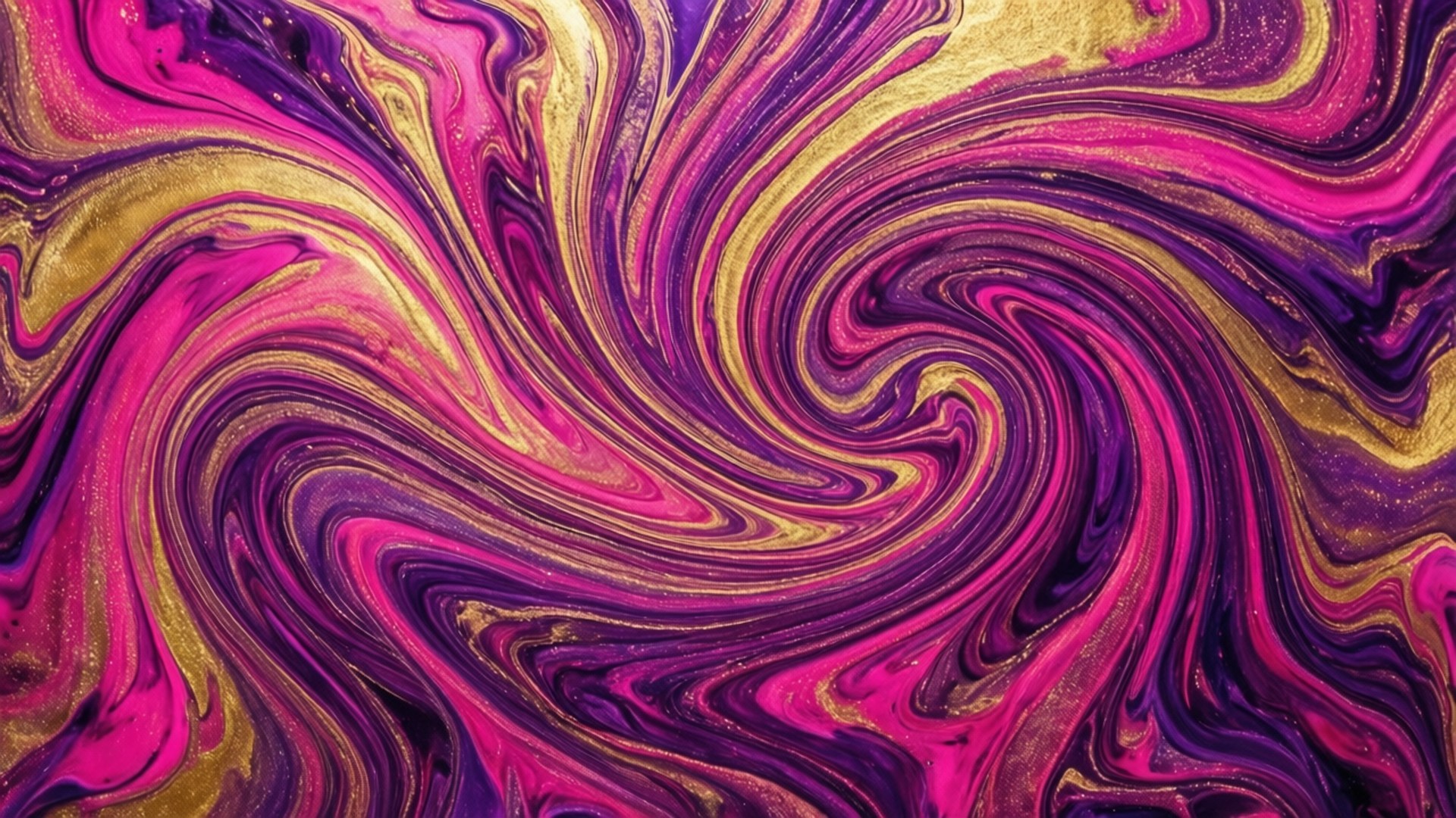 Swirling Paint Art 壁紙 — 充滿活力的洋紅色、紫色和金色金屬漆的漩渦圖案，創造出動態的抽象流體藝術構圖。
