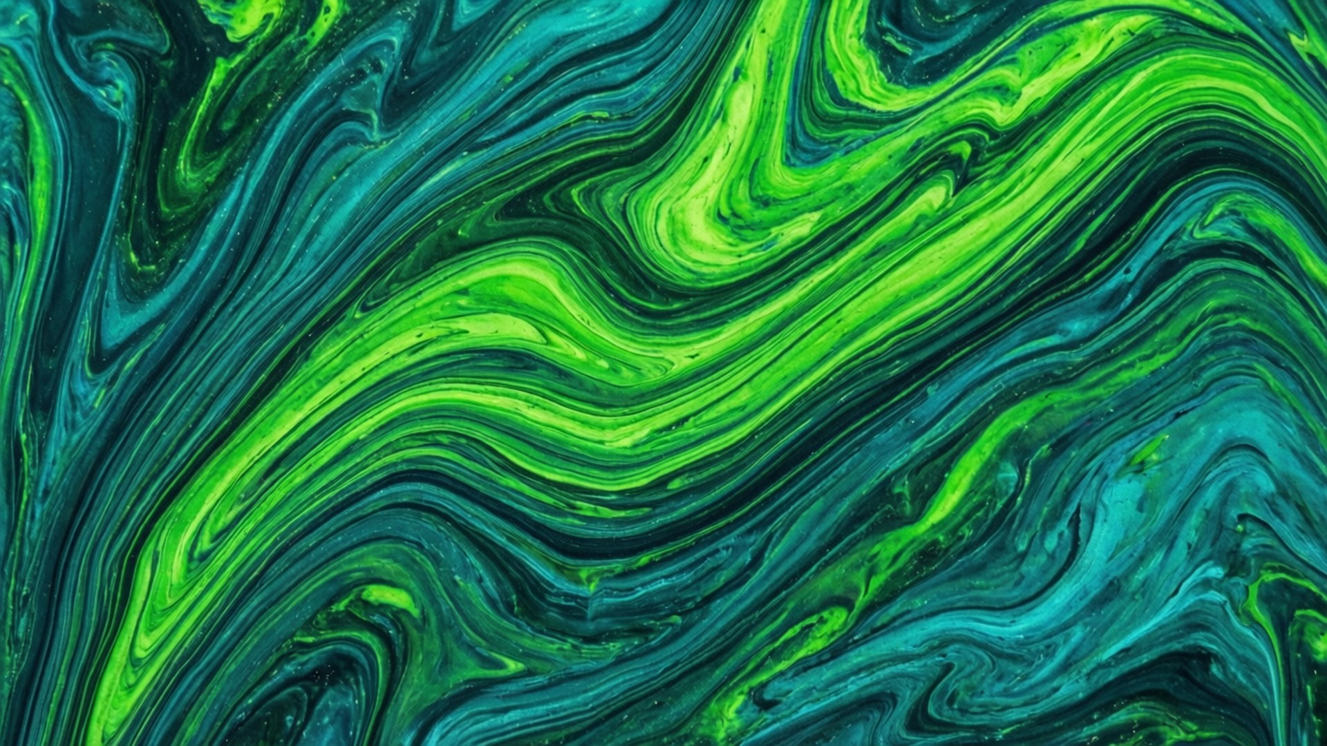 Liquid Marble 壁紙 — 充滿活力的霓虹綠和藍綠色漩渦圖案，創造出動態的抽象流體藝術構圖。