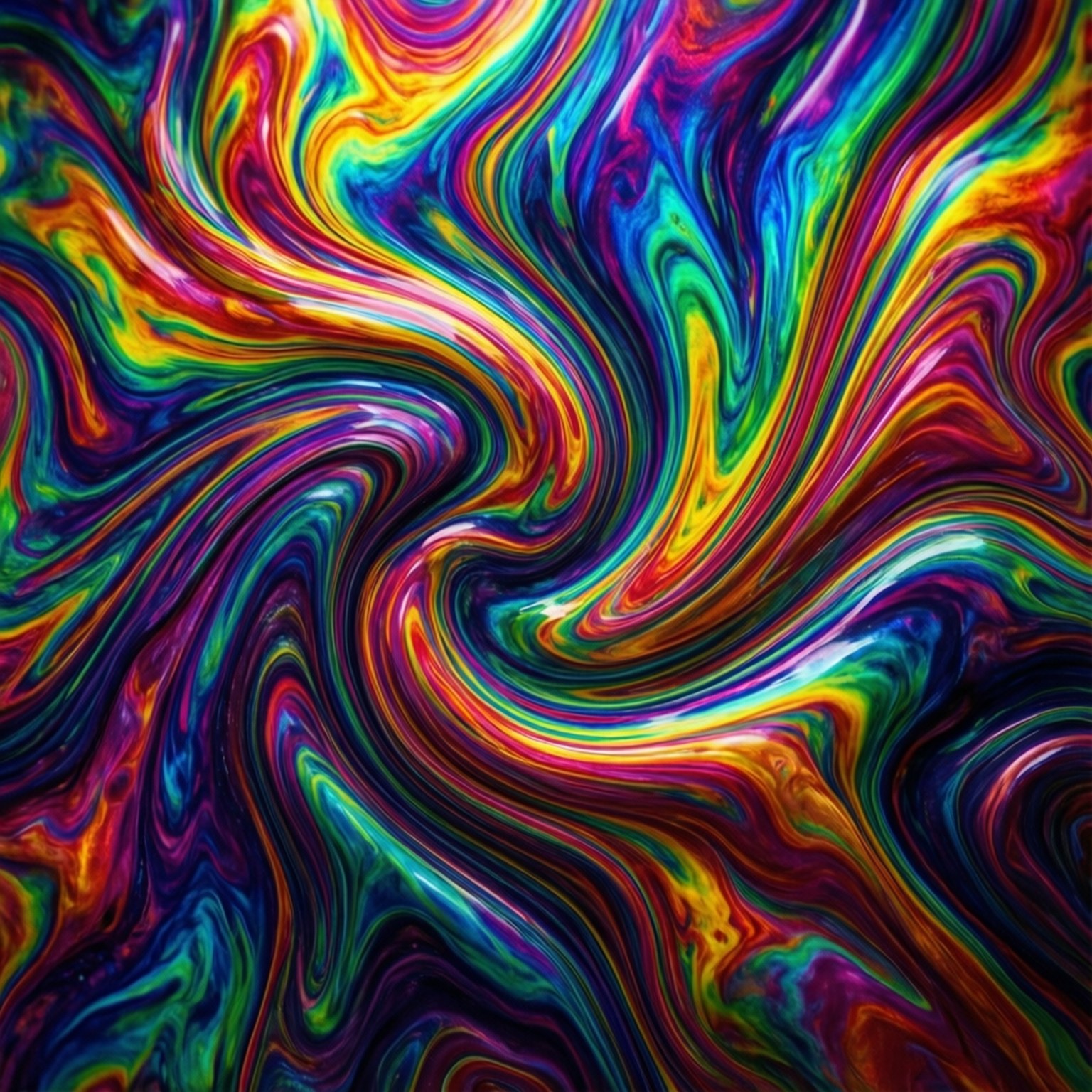 Rainbow Marble Swirl 壁紙 — 鮮豔的旋轉彩虹色在流體運動中融合，創造出迷幻的抽象圖案。