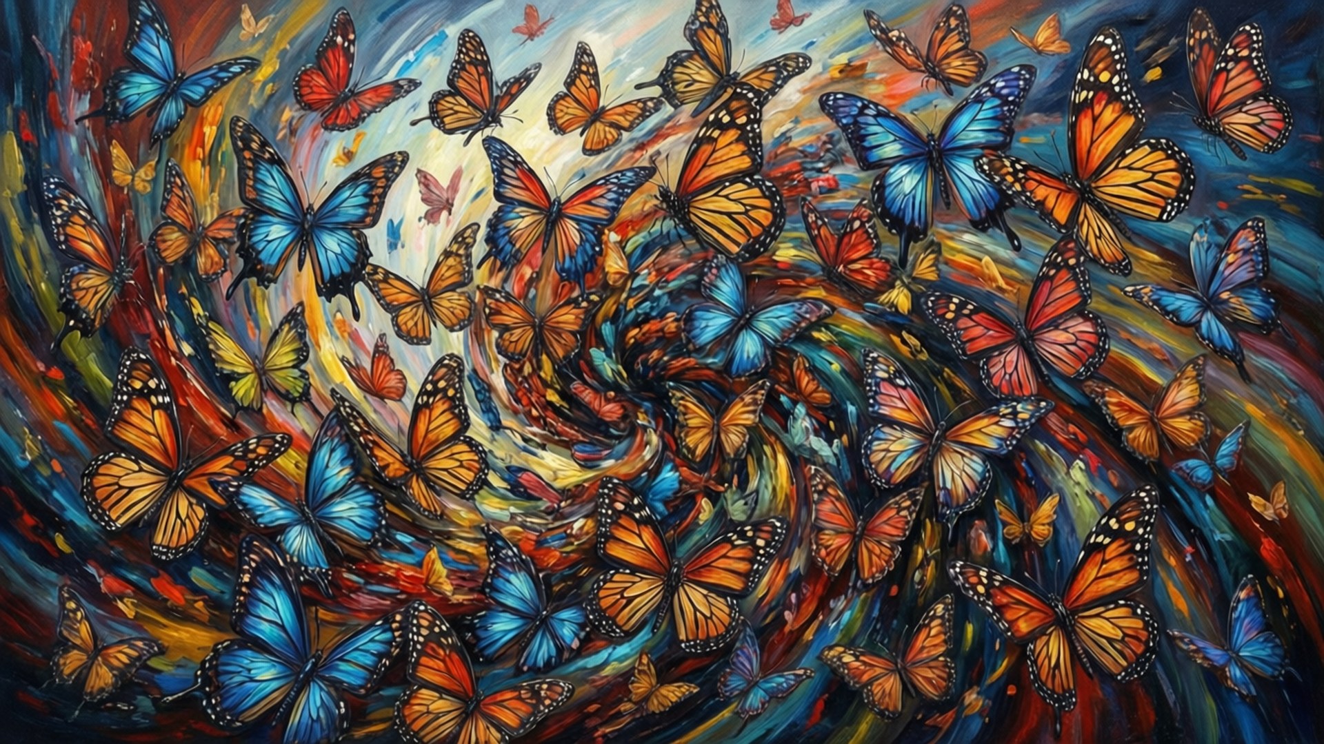 Swirling Butterflies Abstract 壁紙 — 藍色和橙色帝王蝶在動態抽象背景上形成充滿活力的旋轉漩渦。