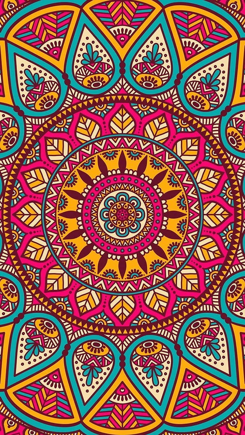 Tribal 桌布 壁紙 — 充滿活力的對稱曼陀羅，帶有複雜的幾何和花卉圖案，採用大膽的粉紅色、藍綠色和金色色調。