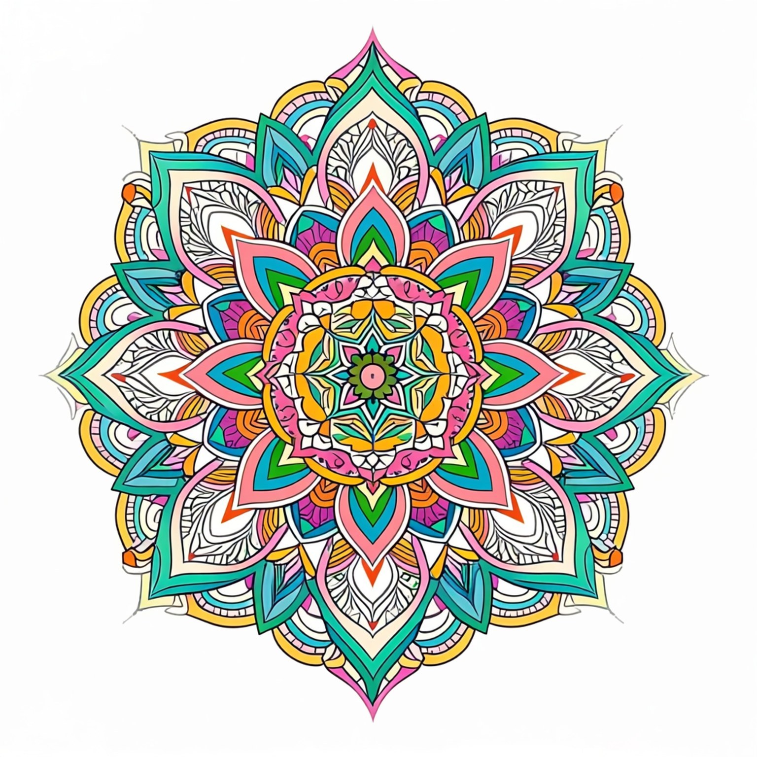 Rainbow Mandala 壁紙 — 一個充滿活力的對稱曼陀羅，帶有粉紅色、藍綠色、黃色和橙色的層疊花瓣，從中央綠色核心向外輻射。
