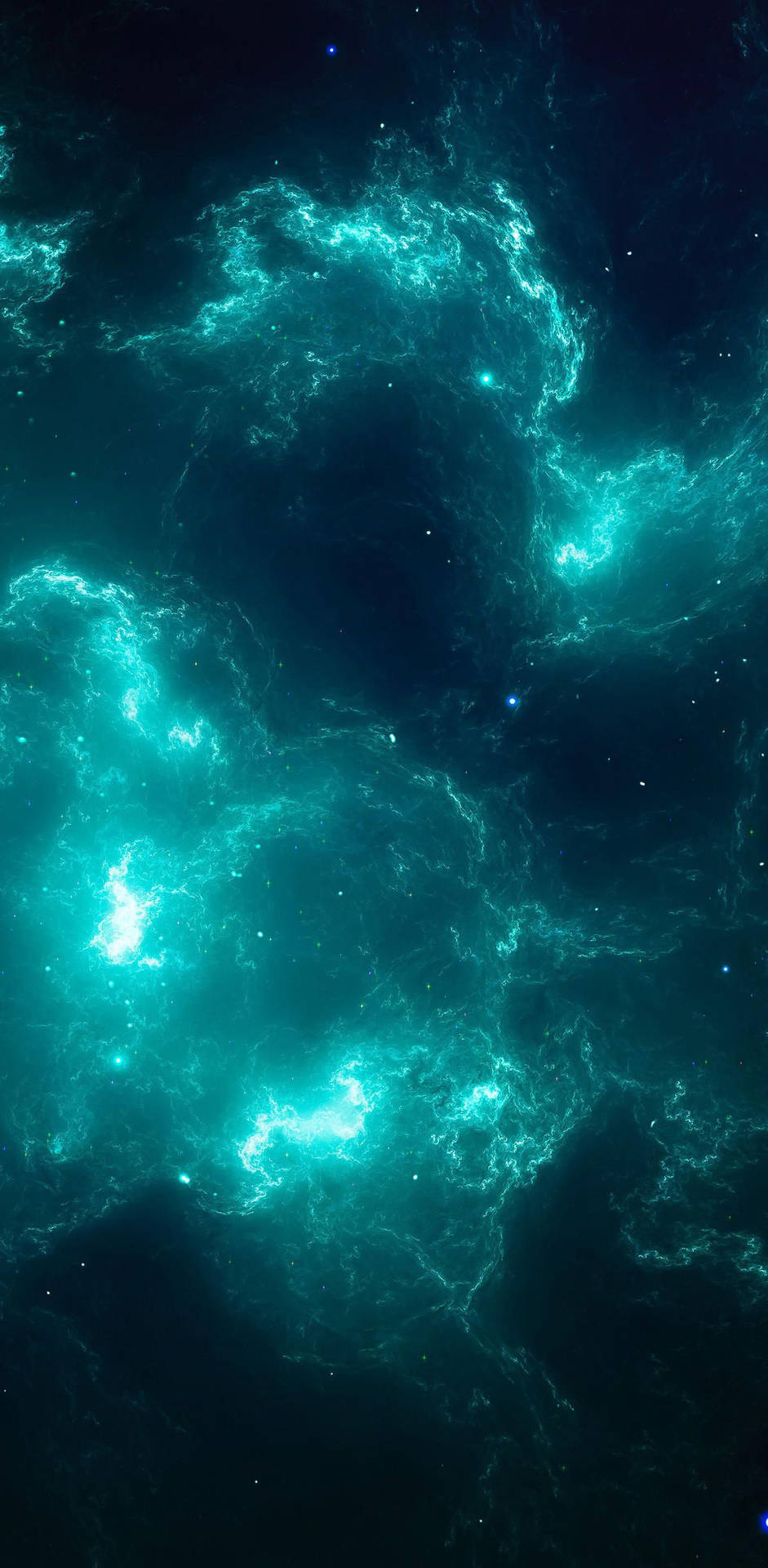 深空中發光的青綠色星雲雲團，散佈著星星。 — 8K iPhone 壁紙 壁紙