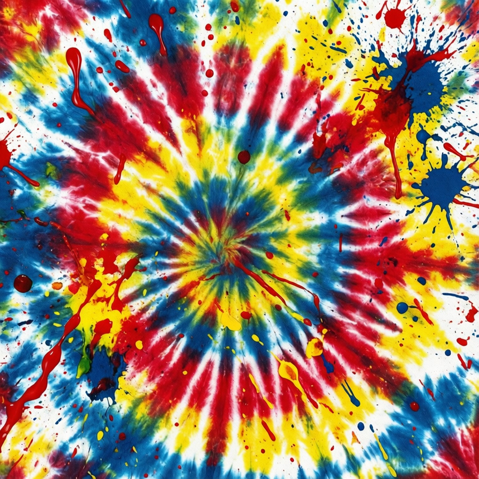 Tie Dye Abstract Splatter 壁紙 — 充滿活力的紮染圖案從中心向外輻射，白色背景上有紅色、黃色、藍色的飛濺和條紋。